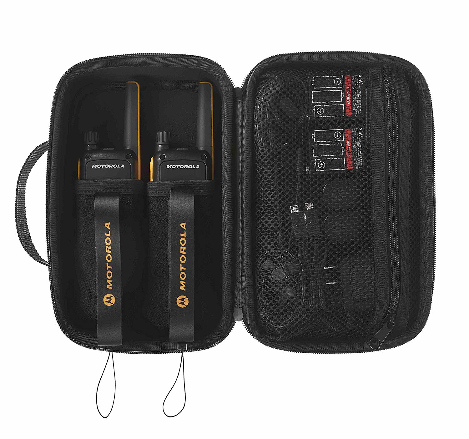 Offener schwarzer Koffer mit zwei Motorola Walkie-Talkies. Rechte Seite hat Netztasche mit Batterien und Ladegerät.