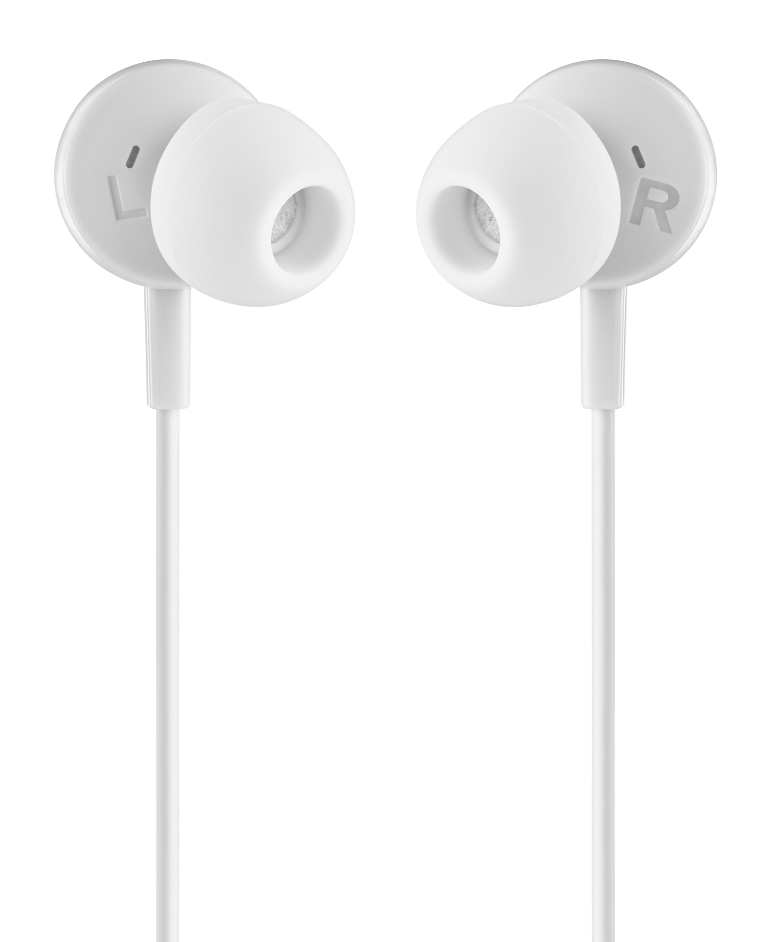 Auricolari bianchi con lunghi cavi bianchi, l'auricolare sinistro ha una L, il destro una R, su sfondo bianco.