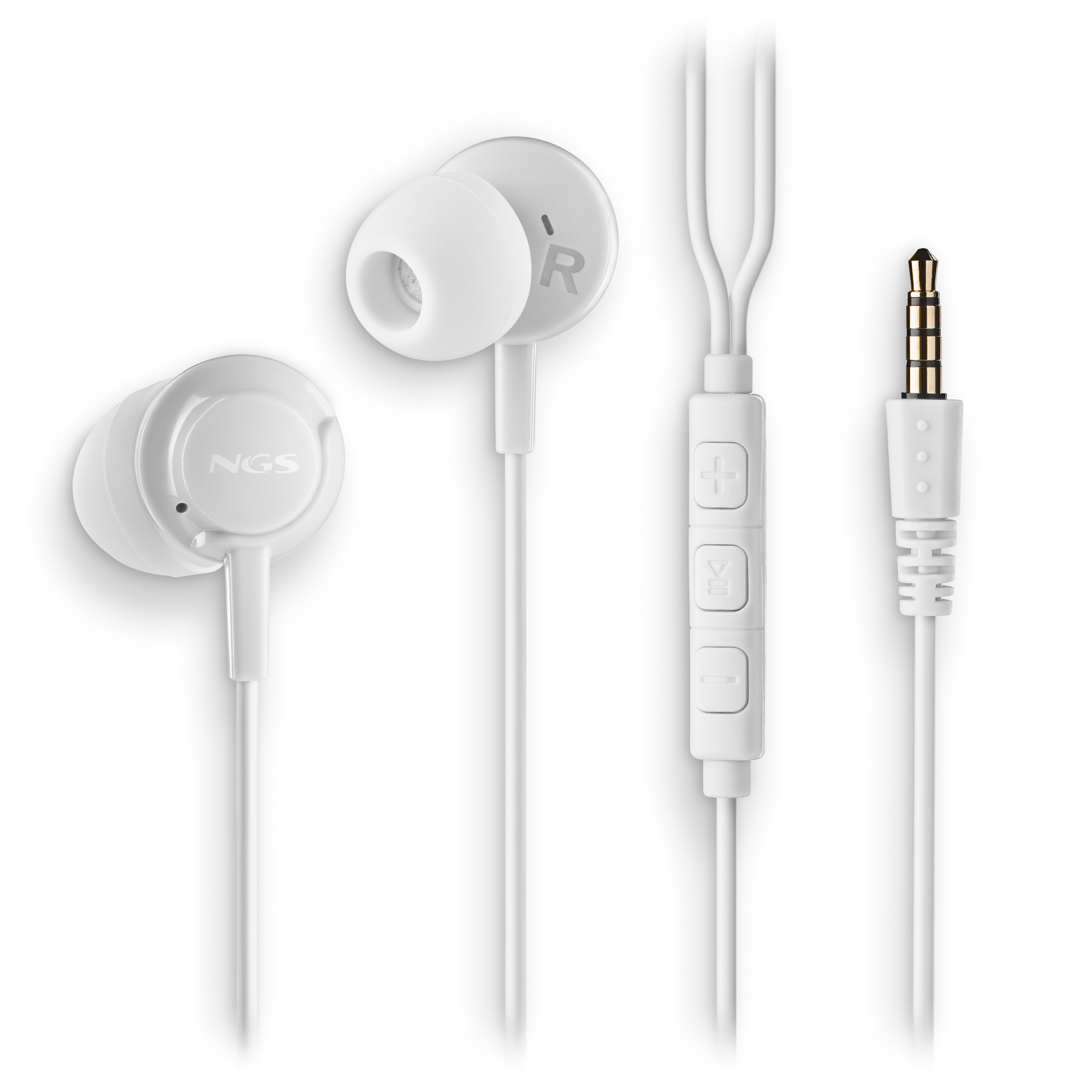 Auricolari bianchi con modulo di controllo e jack da 3,5 mm. L'auricolare ha un marchio 'R'.