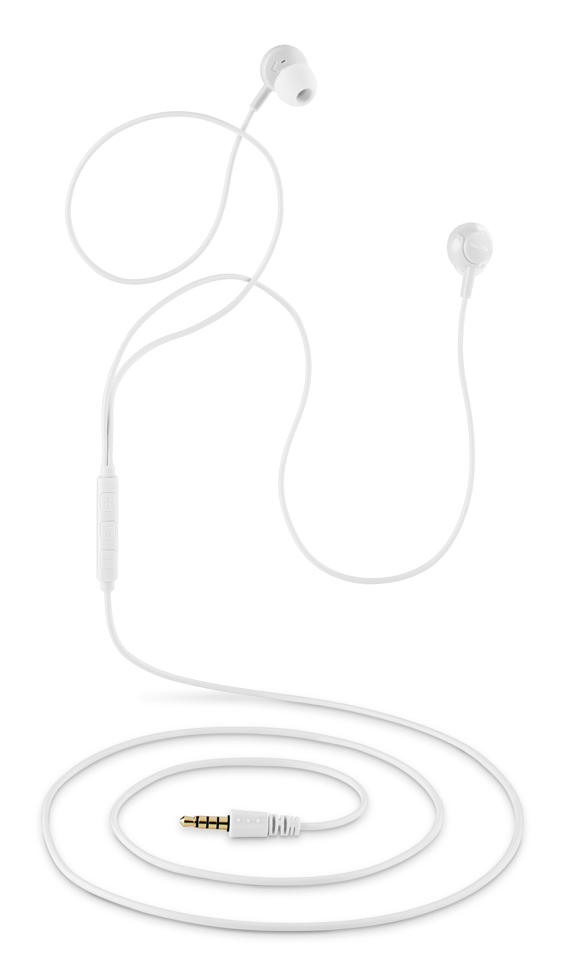 Auricolari bianchi con filo su sfondo bianco. Il cavo forma dei cerchi e termina con un jack dorato. È visibile un telecomando.