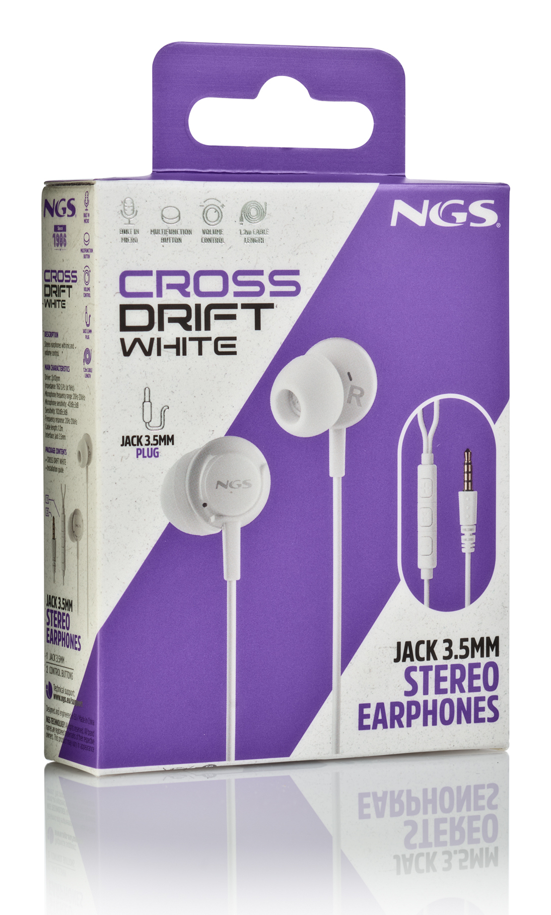 Auricolari bianchi su una scatola viola. Il testo recita 'CROSS DRIFT WHITE', 'JACK 3.5MM STEREO EARPHONES' e il logo 'NGS'.