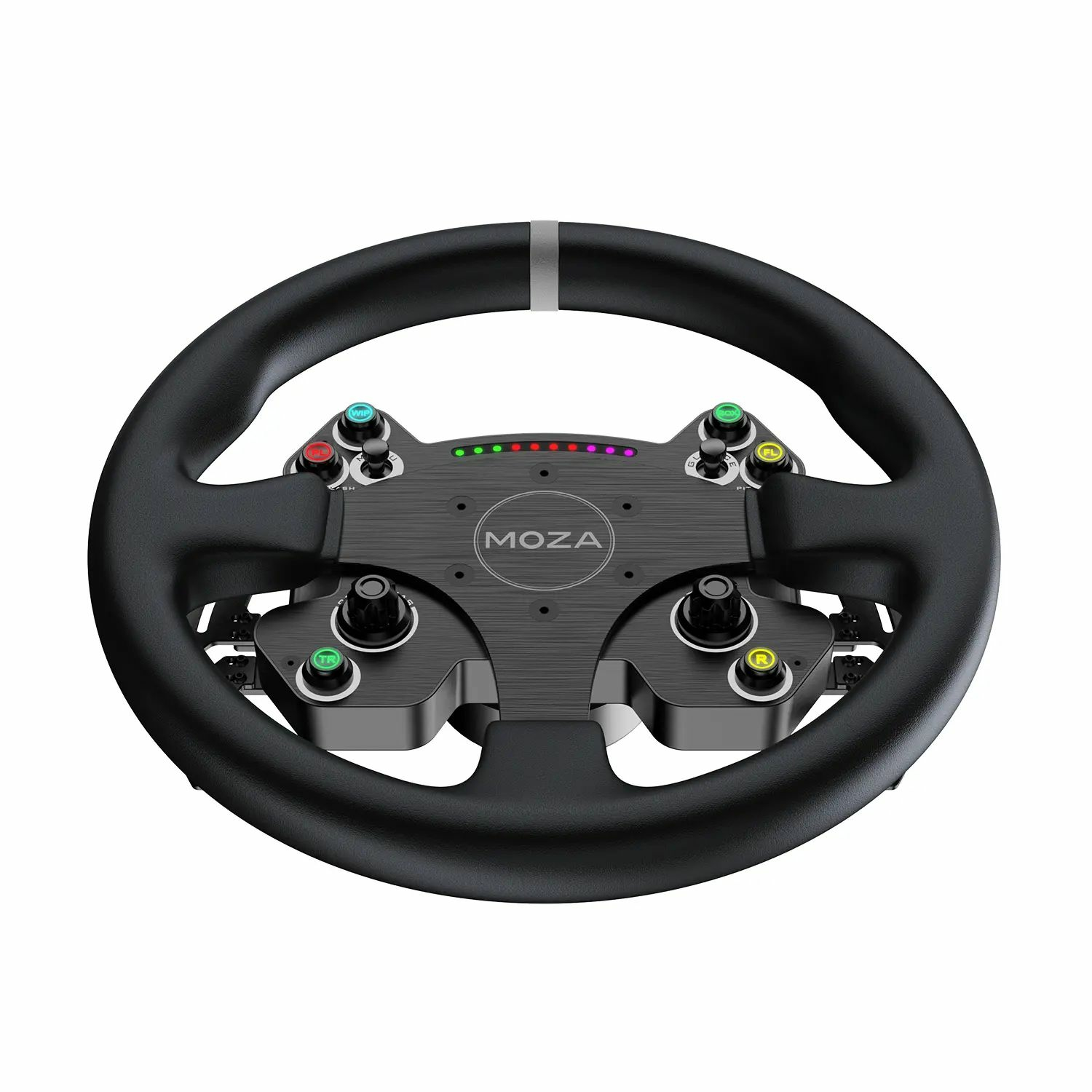 Un volant de course noir avec plusieurs boutons et molettes. Le volant a une bande grise en haut et la marque MOZA au centre.
