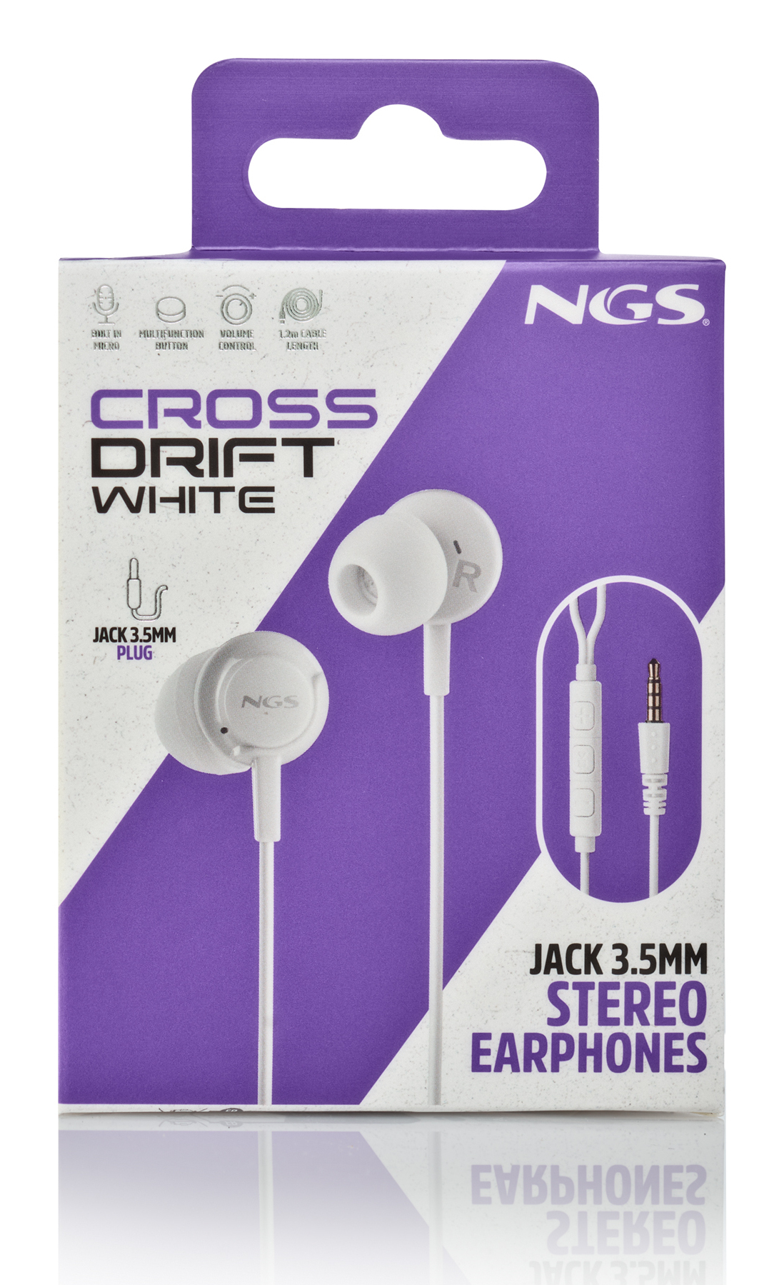 Scatola di auricolari NGS Cross Drift bianchi. Include jack da 3,5 mm, stereo e microfono integrato.