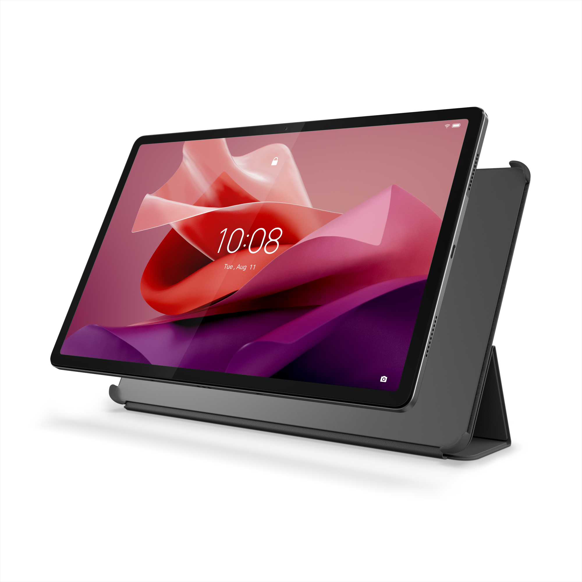 Tablet mit Hülle. Der Bildschirm zeigt Zeit und abstraktes Design. Tablet grau, Hülle schwarz, auf weißem Grund.