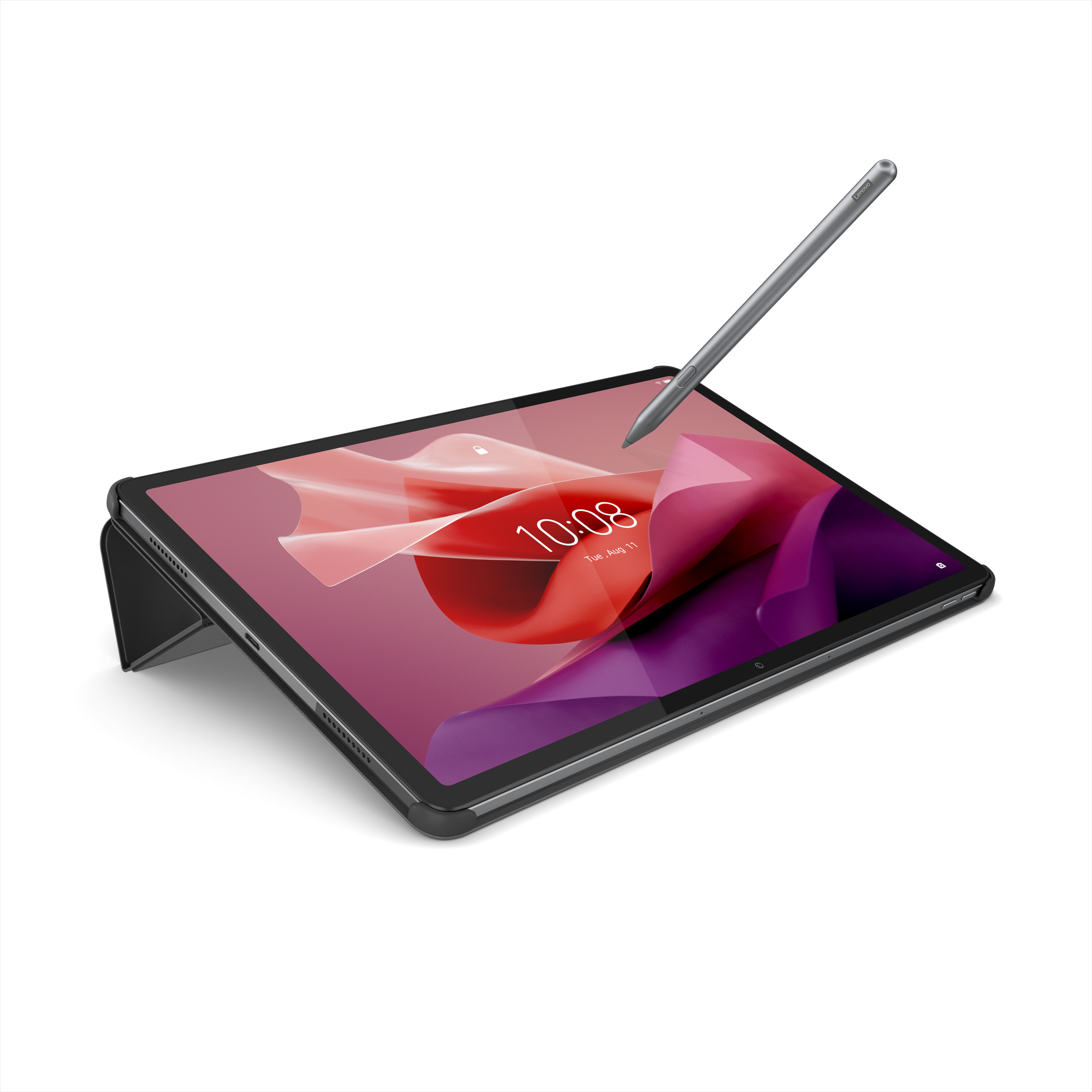 Tablet mit Stift. Der Bildschirm zeigt die Uhrzeit. Das Tablet befindet sich in einer schwarzen Hülle.