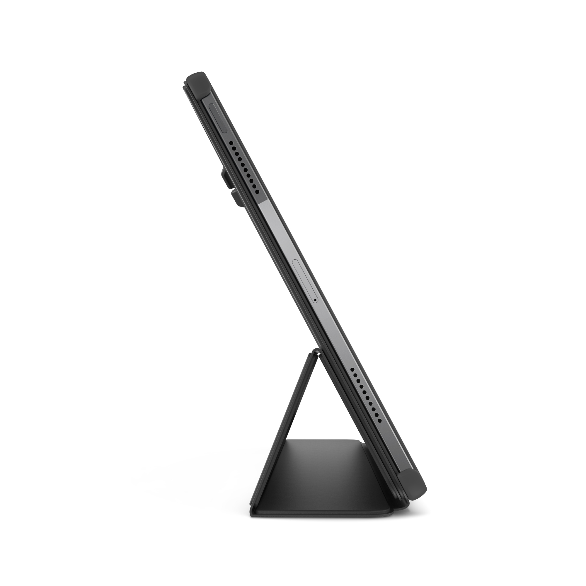 Schwarzes Tablet in einem Ständer. Es ist angewinkelt und zeigt die Seite mit Tasten und Lautsprecherlöchern. Weißer Hintergrund.