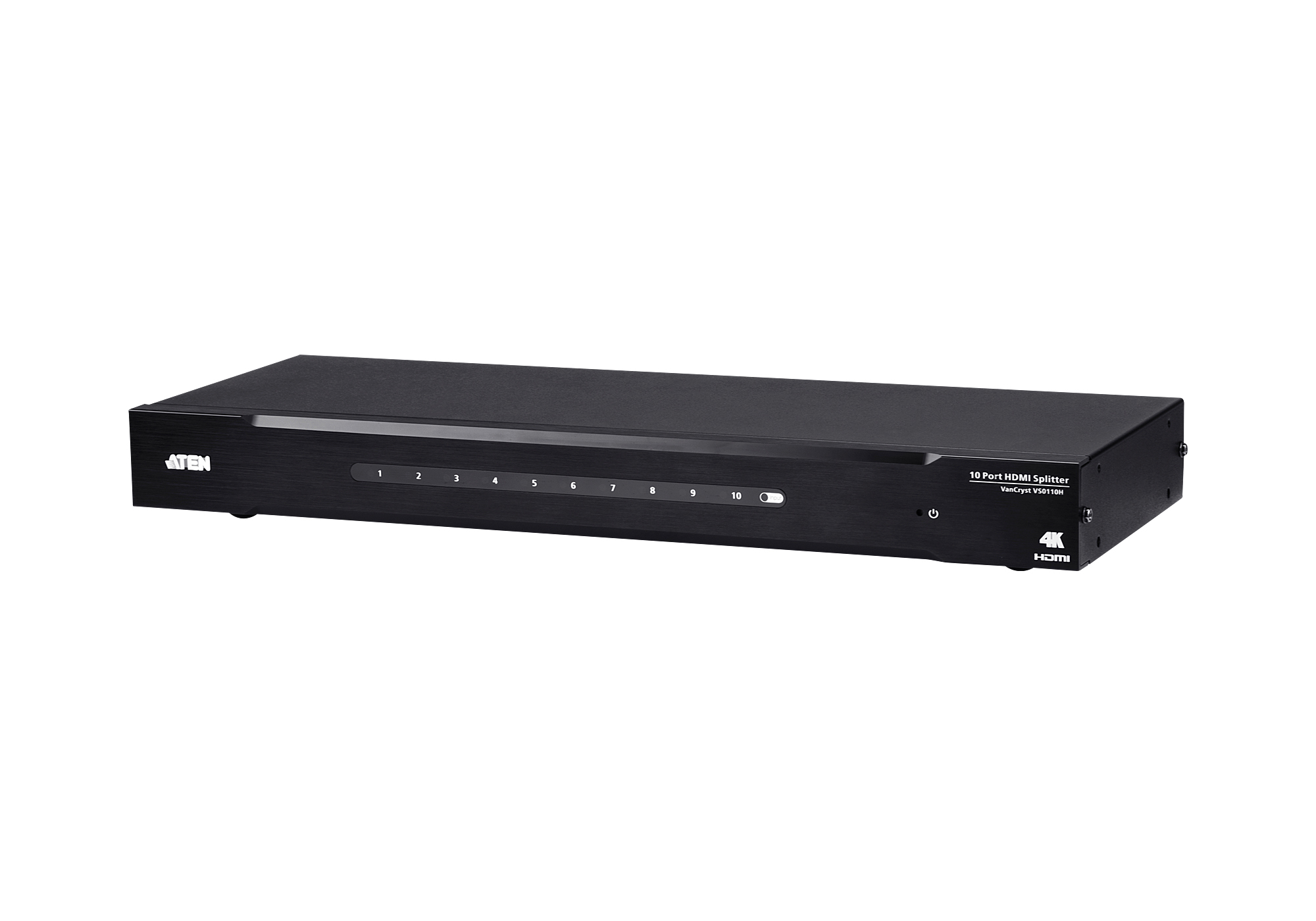 Splitter HDMI nero a 10 porte. La parte anteriore presenta porte numerate, pulsante di accensione e logo. Il dispositivo è su sfondo bianco.