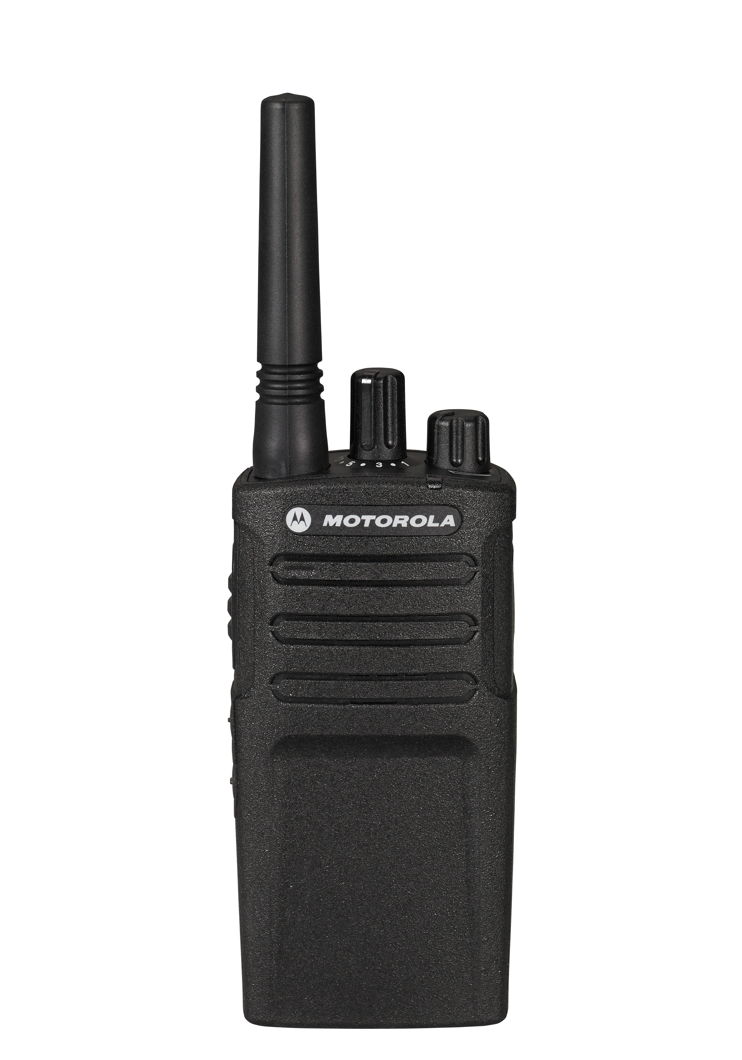 Czarny radiotelefon Motorola na białym tle. Ma antenę, pokrętła i logo Motorola.