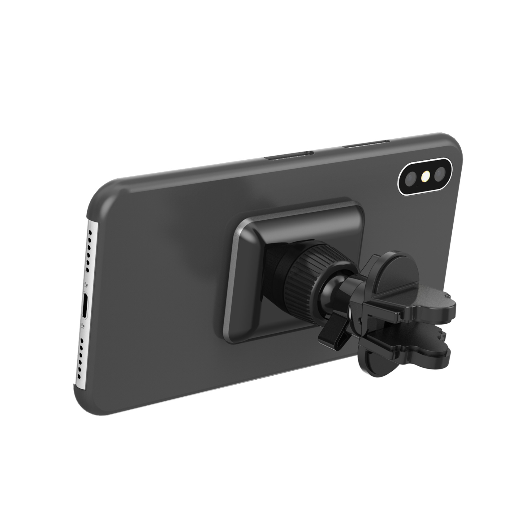 Koyu gri bir akıllı telefon, siyah bir araç telefon tutucusu tarafından tutuluyor. Arka plan beyaz.