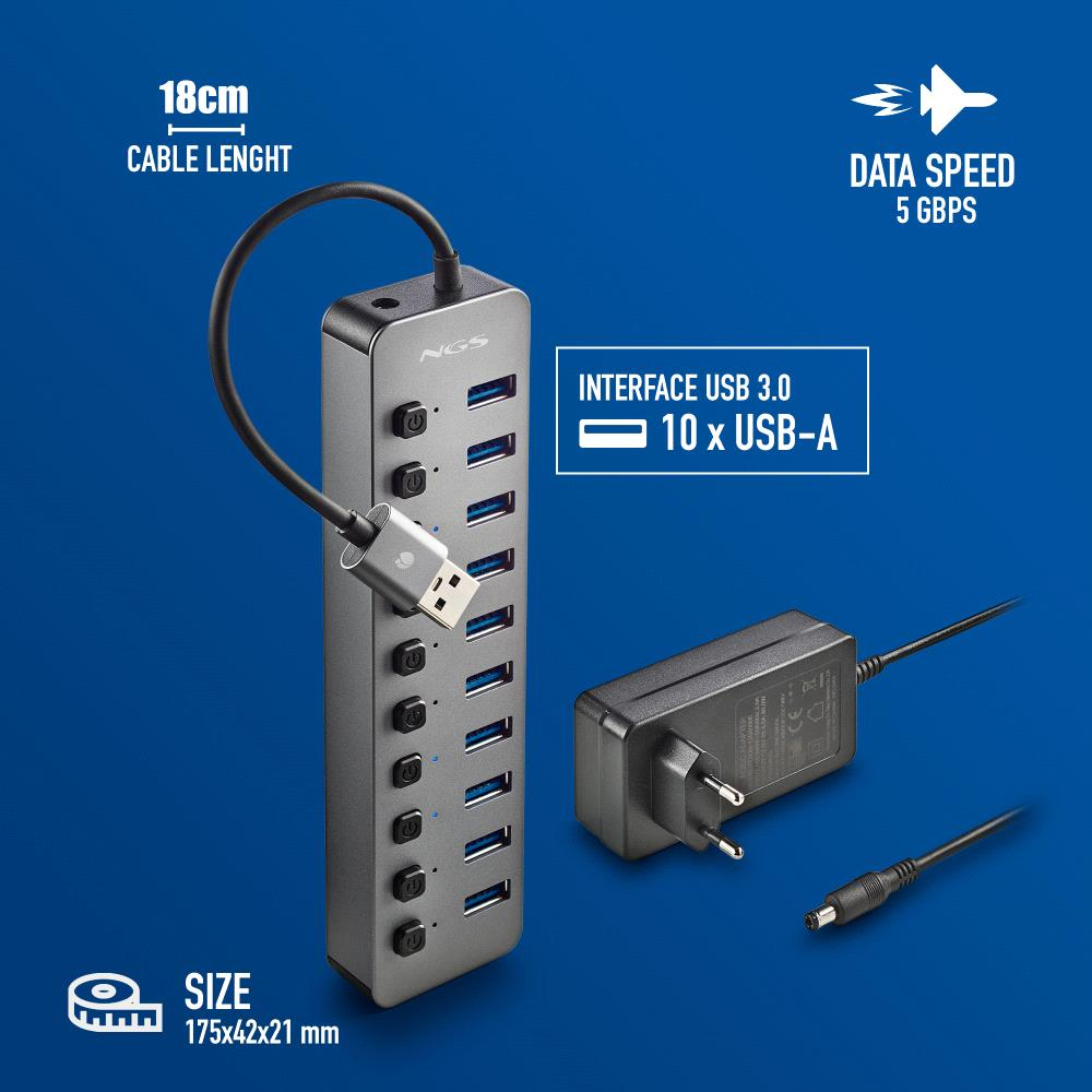 Ein USB-Hub mit 10 Anschlüssen, einem Netzteil und einem Kabel. Er hat eine Datenübertragungsrate von 5 GBit/s und eine Kabellänge von 18 cm.