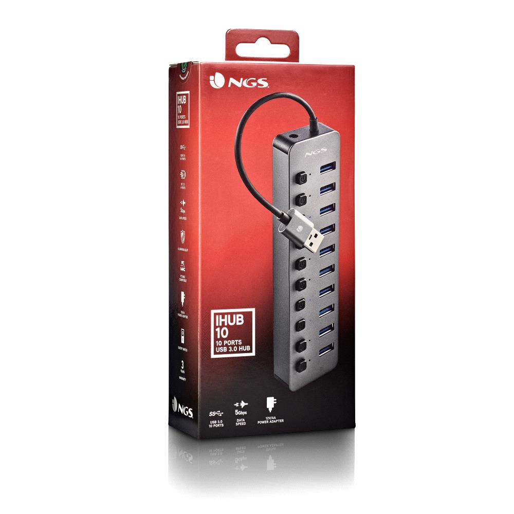 Eine Box mit einem USB-Hub. Die Box ist rot und schwarz, mit dem Hub in der Mitte. Der Hub ist grau mit 10 Anschlüssen.