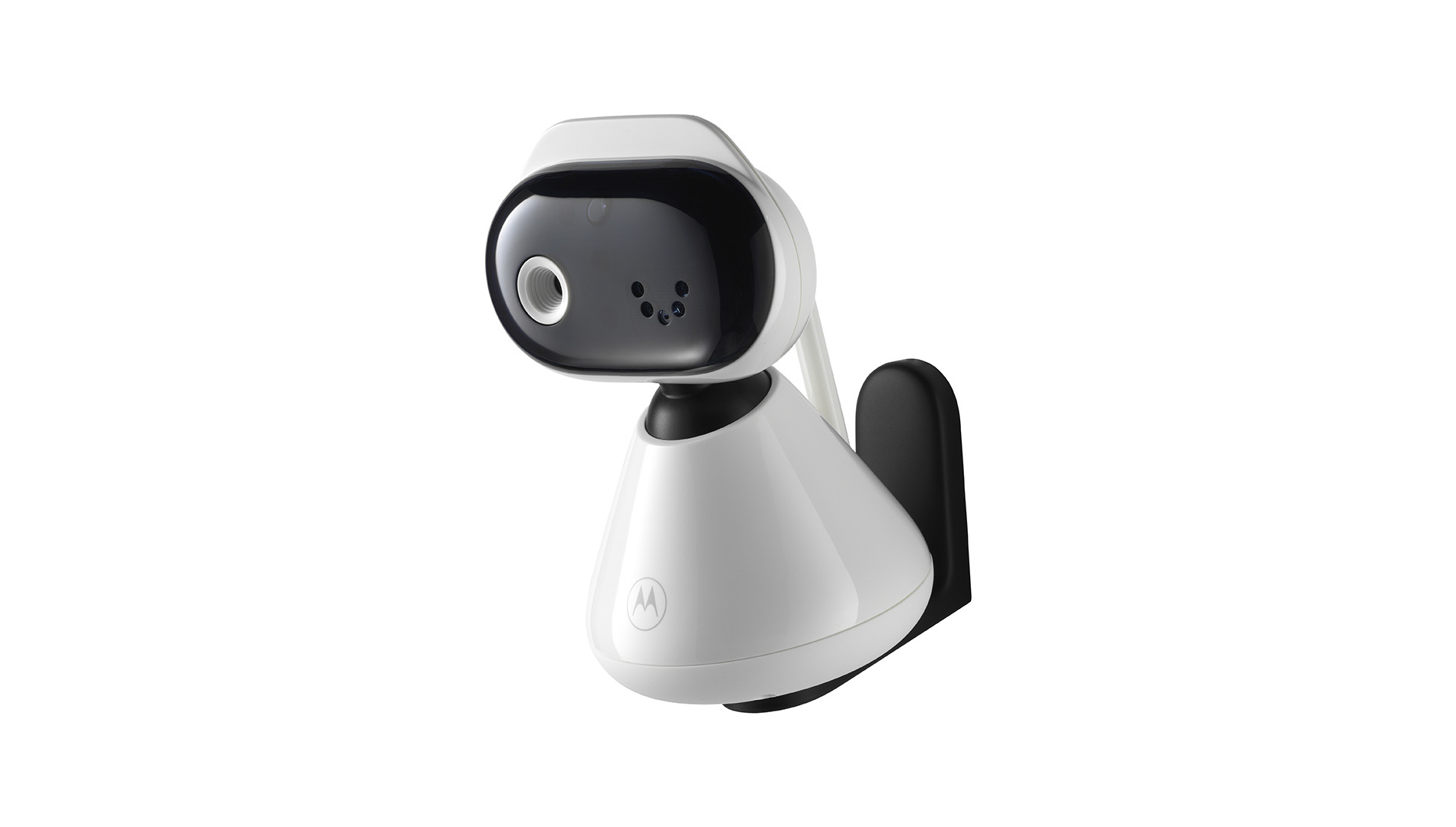 Een zwart-witte babyfoonmonitor met een cameralens. Het Motorola-logo staat op de basis. Het is gemonteerd op een witte ondergrond.