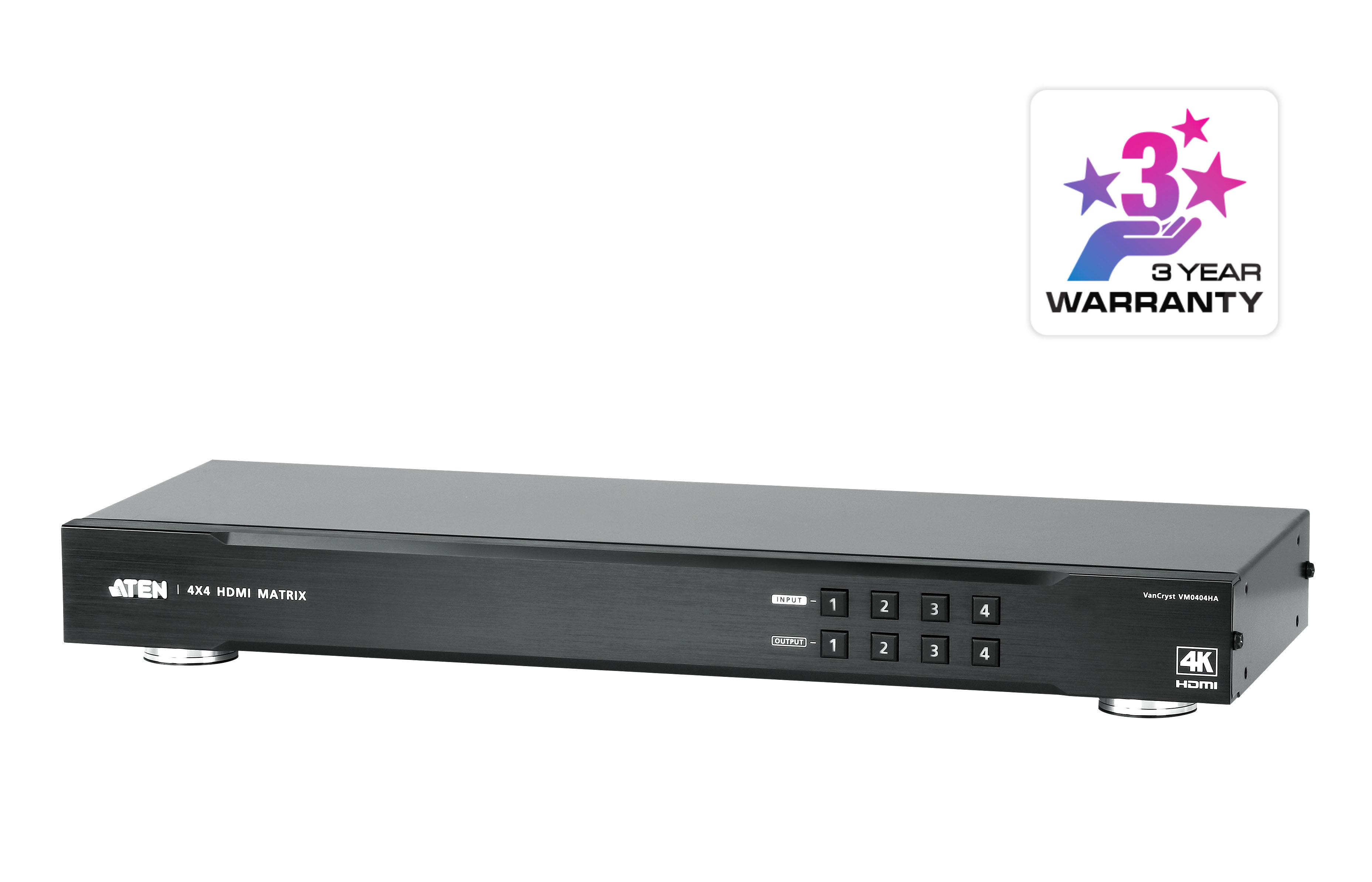 Ein schwarzes HDMI-Matrixgerät mit Knöpfen und einem Garantiesymbol, beschriftet mit ATEN 4x4 HDMI MATRIX.