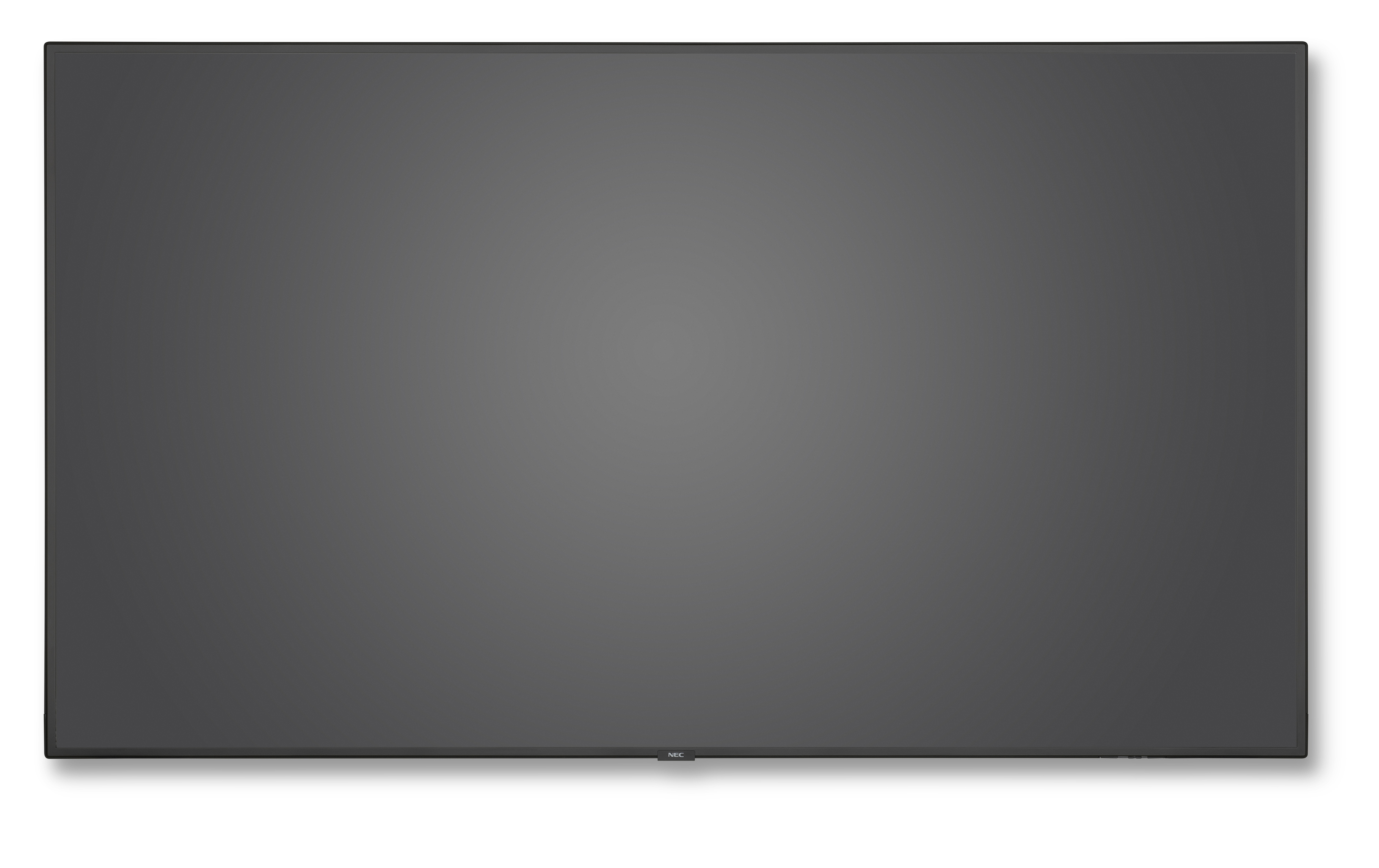 Una pantalla grande, rectangular y gris oscuro. La palabra 'NEC' está en la parte inferior derecha. Fondo blanco.