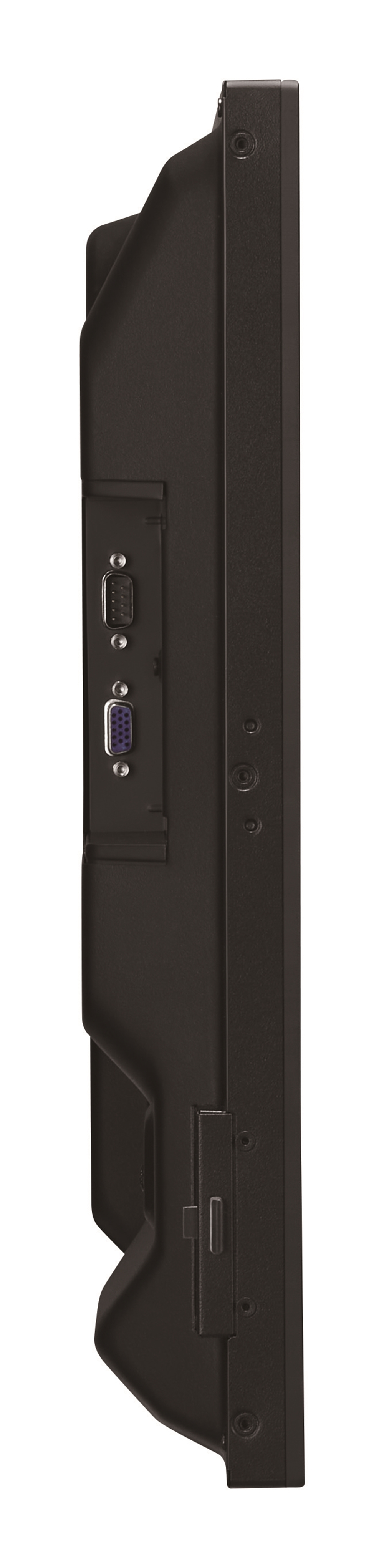 Vista lateral de un monitor negro. Se ven puertos, tornillos y un pestillo. El fondo es blanco.