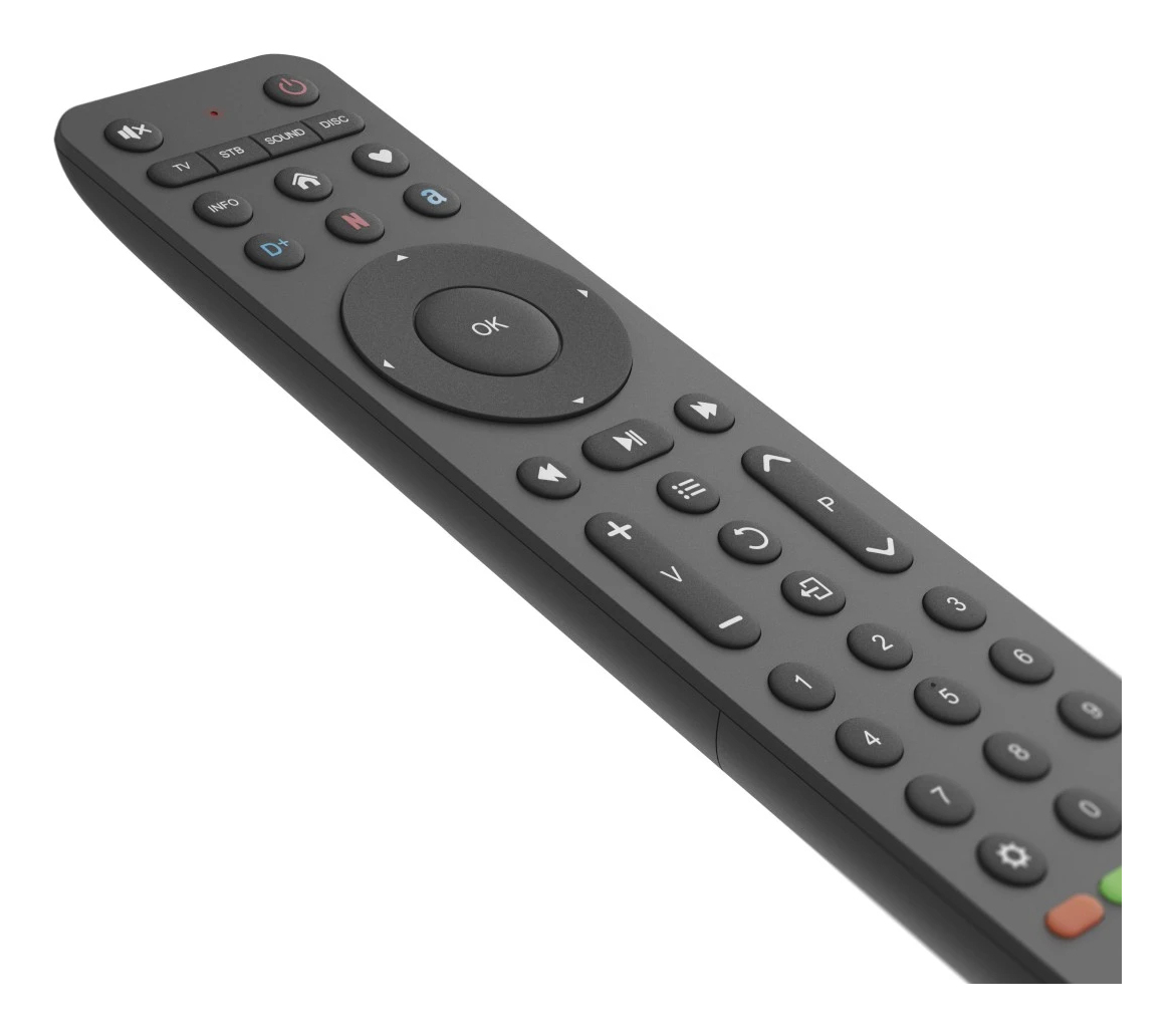 Eine dunkelgraue TV-Fernbedienung mit vielen Tasten, darunter Lautstärke, Kanal und Zifferntasten.