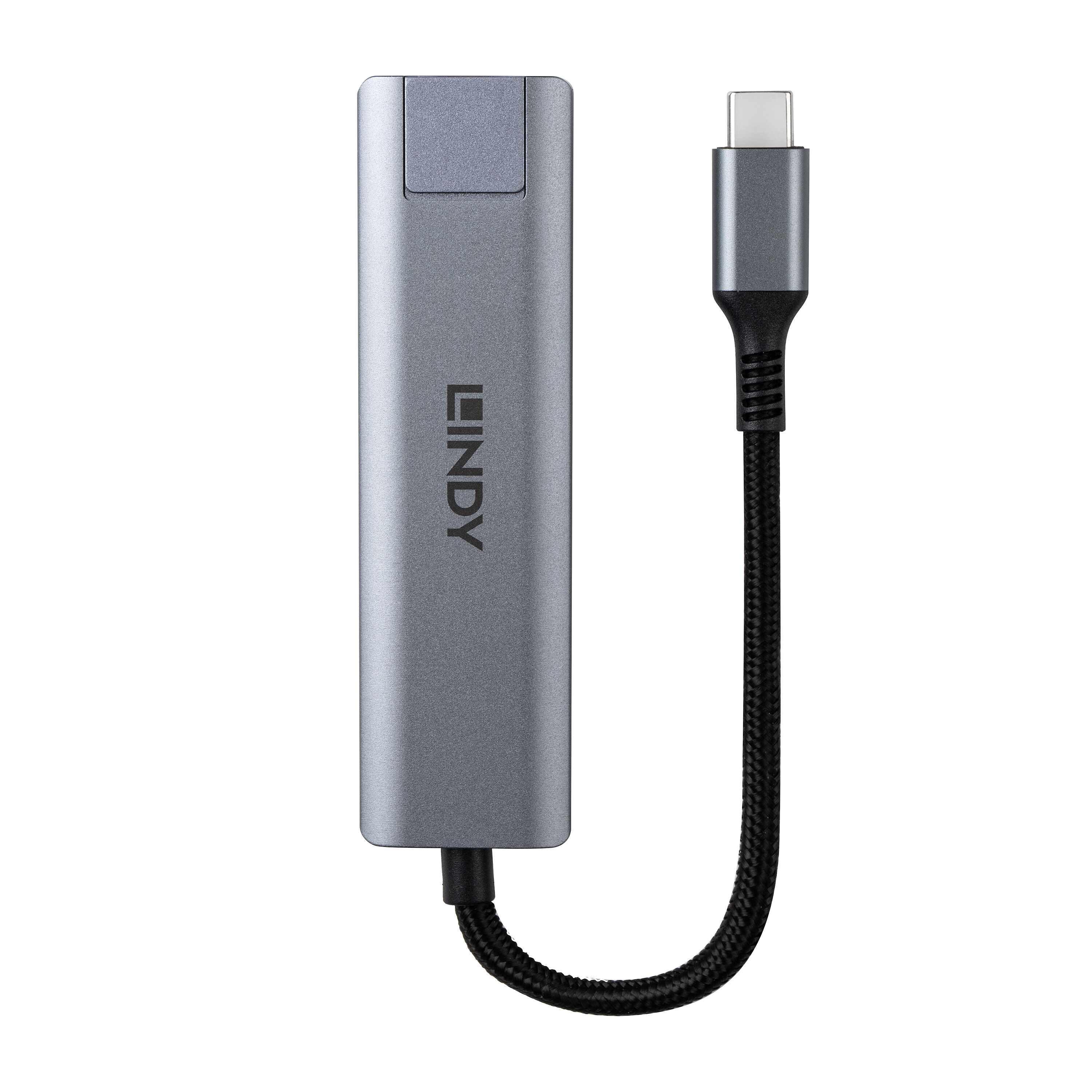 Ein grauer Lindy USB-C-Adapter mit einem schwarzen geflochtenen Kabel und USB-C-Anschluss vor weißem Hintergrund.