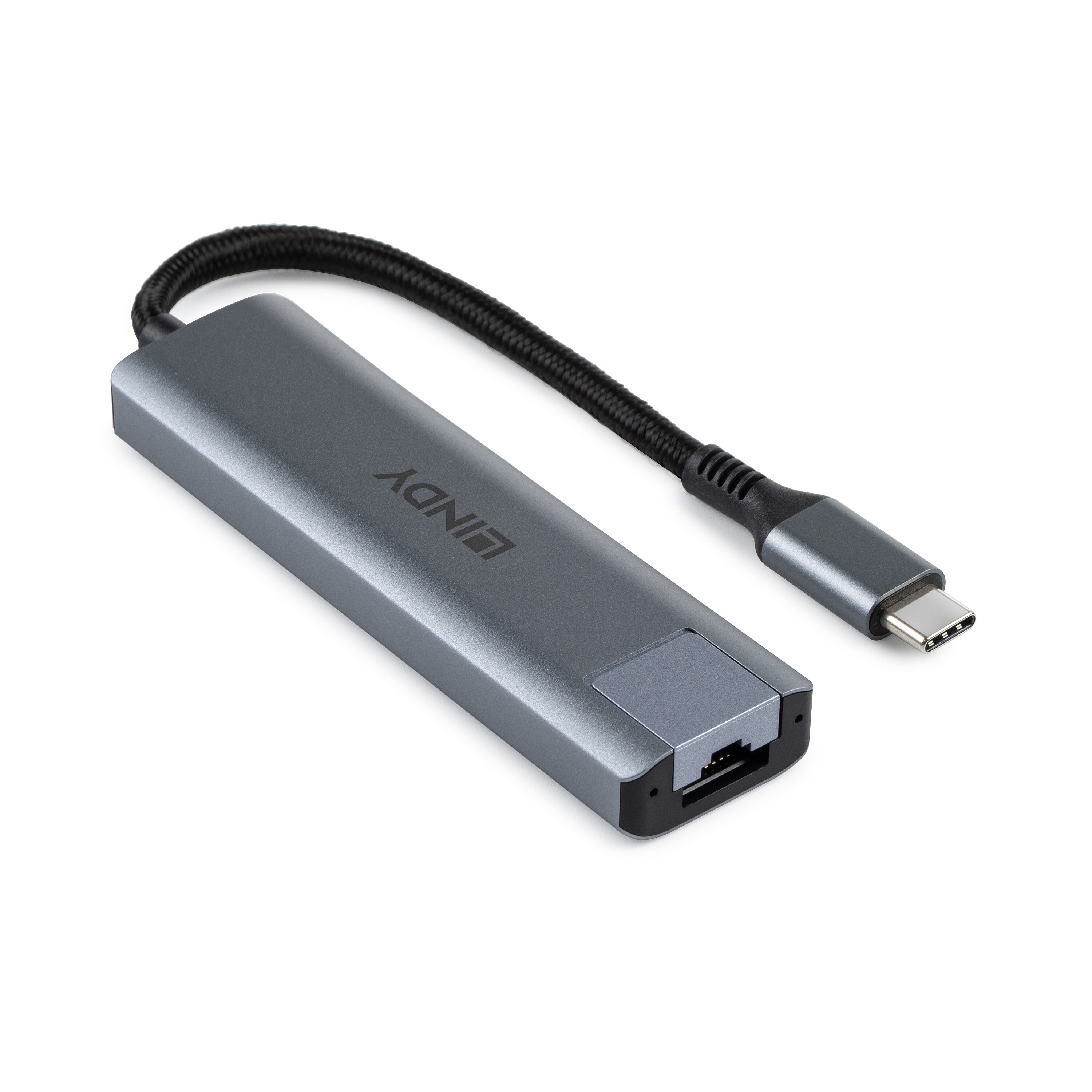 Ein grauer USB-C-Hub mit schwarzem Kabel. Er befindet sich auf weißem Hintergrund.