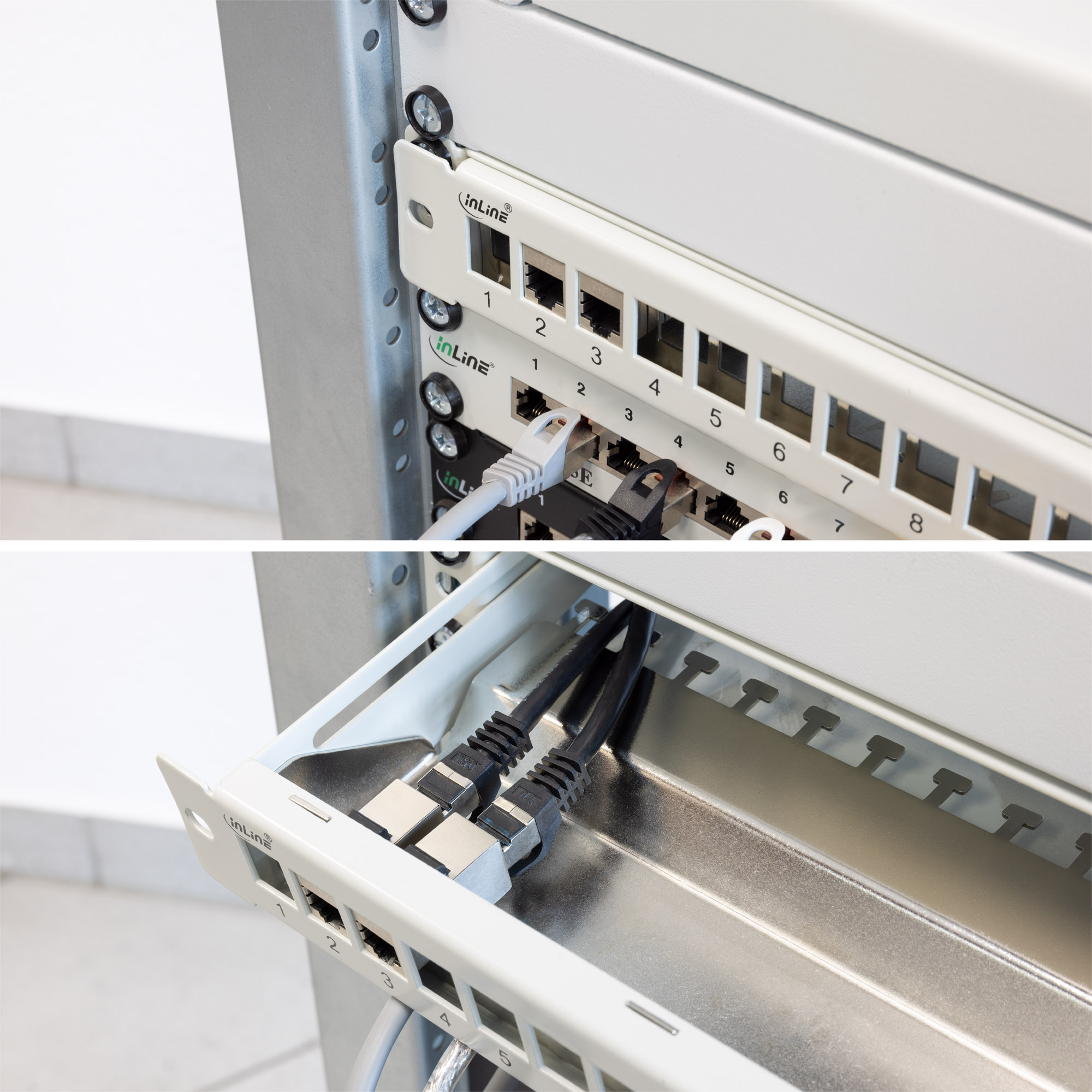 Primo piano di un rack server con cavi di rete collegati alle porte. Cavi bianchi e neri visibili, con porte numerate.