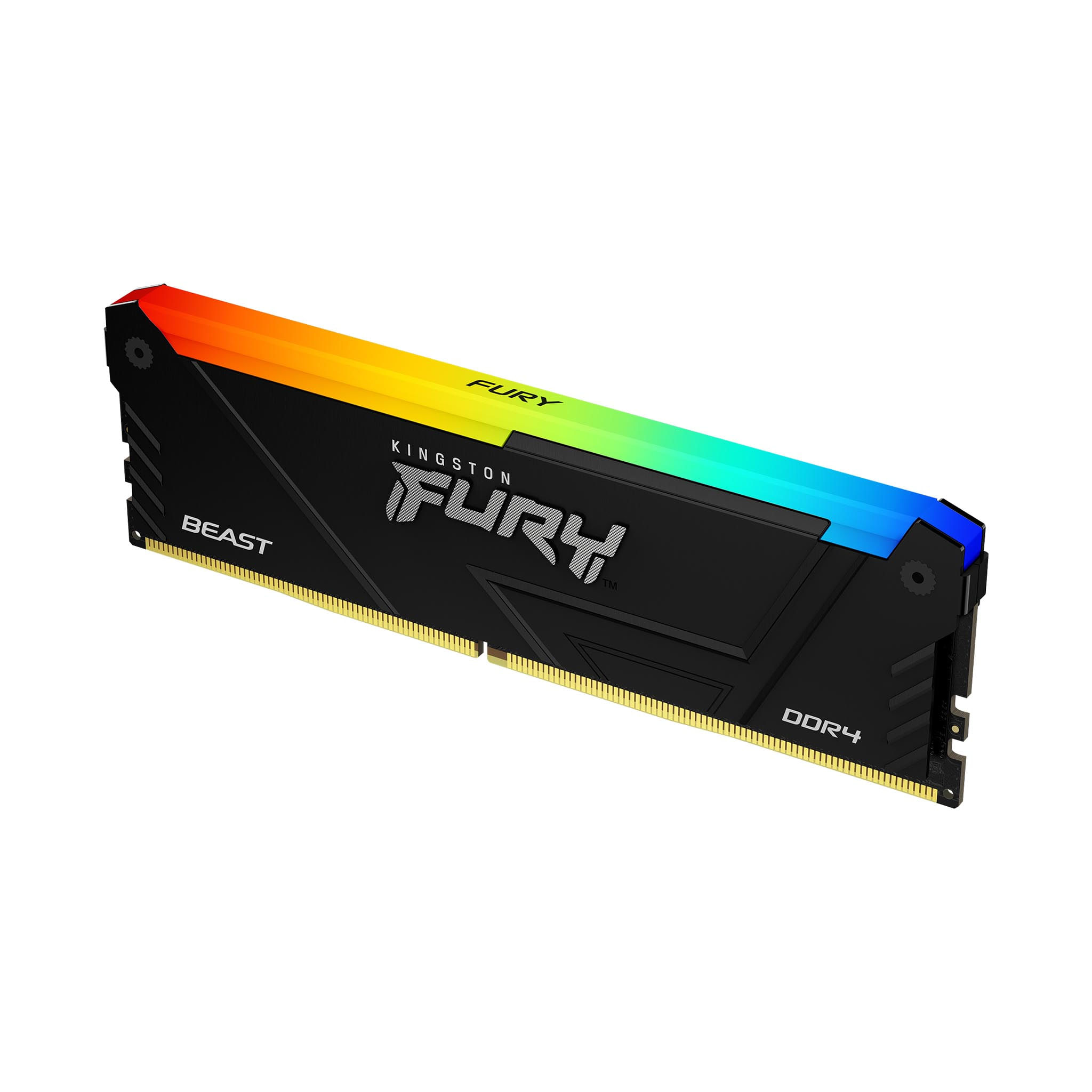 Moduł RAM z czarnym radiatorem i kolorowym paskiem świetlnym, z markami 'Kingston FURY' i 'BEAST'.