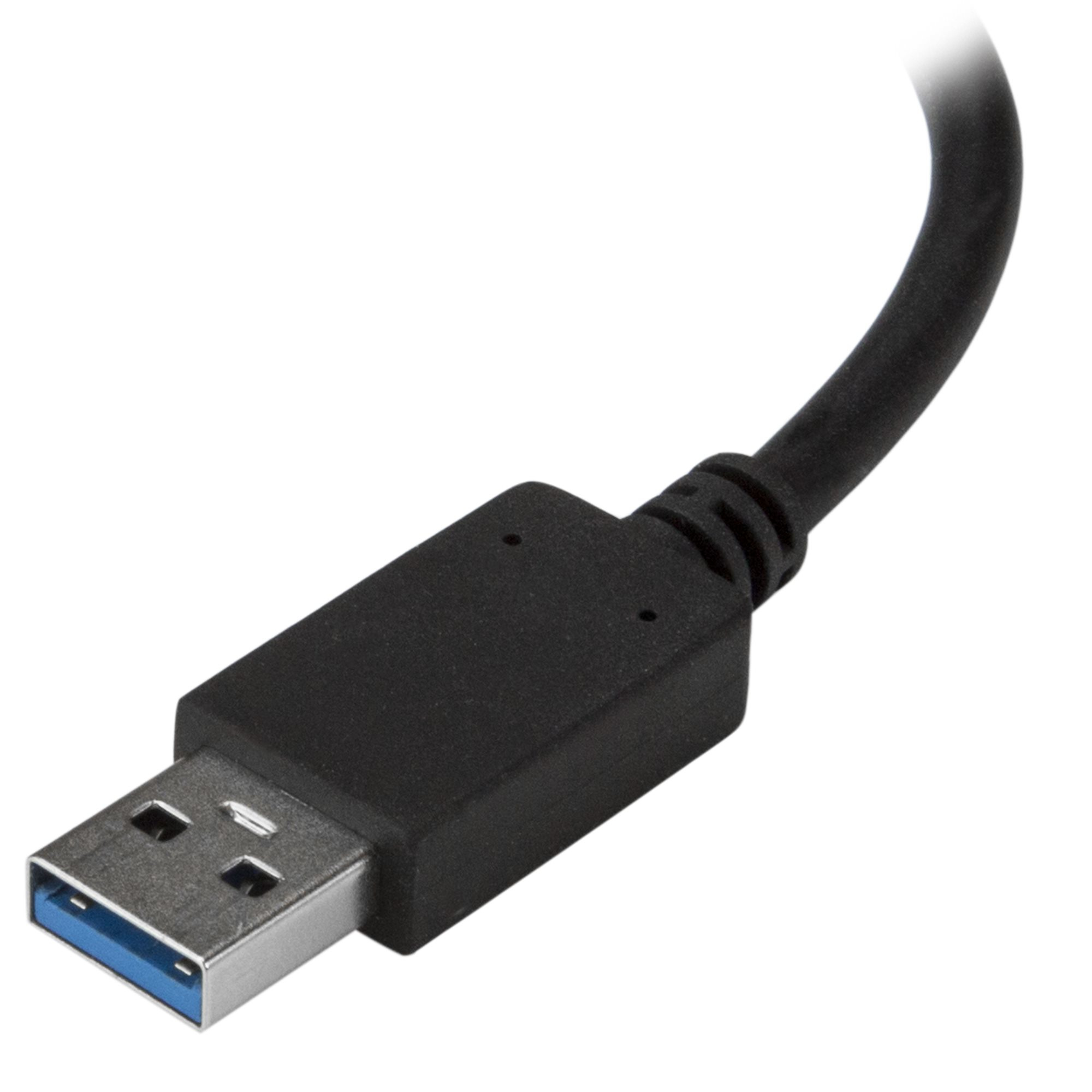 Un cable USB negro con un conector azul. El cable está doblado. El fondo es blanco.