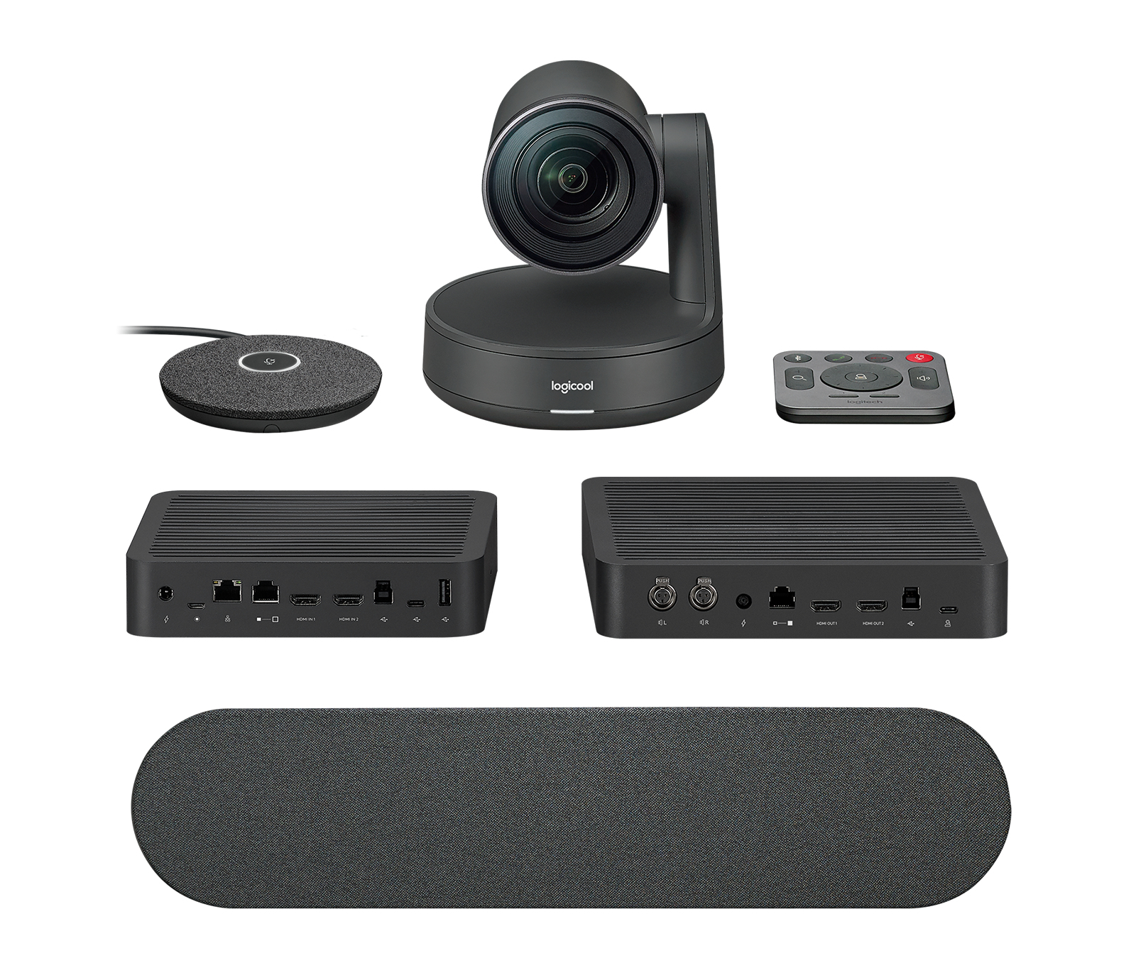 Ein Logitech-Videokonferenzsystem. Enthält Kamera, Mikrofon, Fernbedienung, zwei schwarze Boxen und eine Soundbar, alles auf weißem Grund.