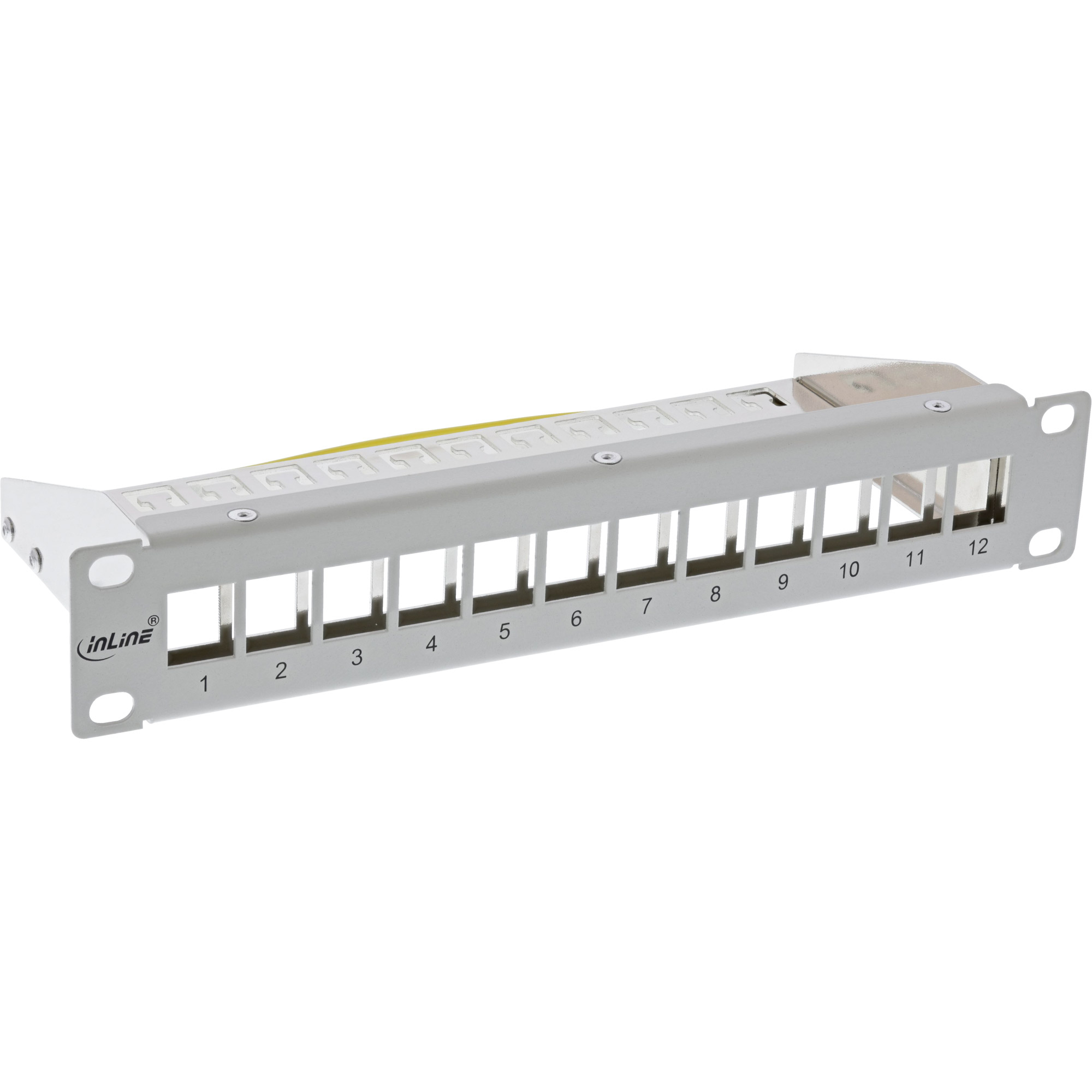 Un pannello di permutazione di rete bianco e argento con 12 porte numerate. Il logo InLine è sul lato.