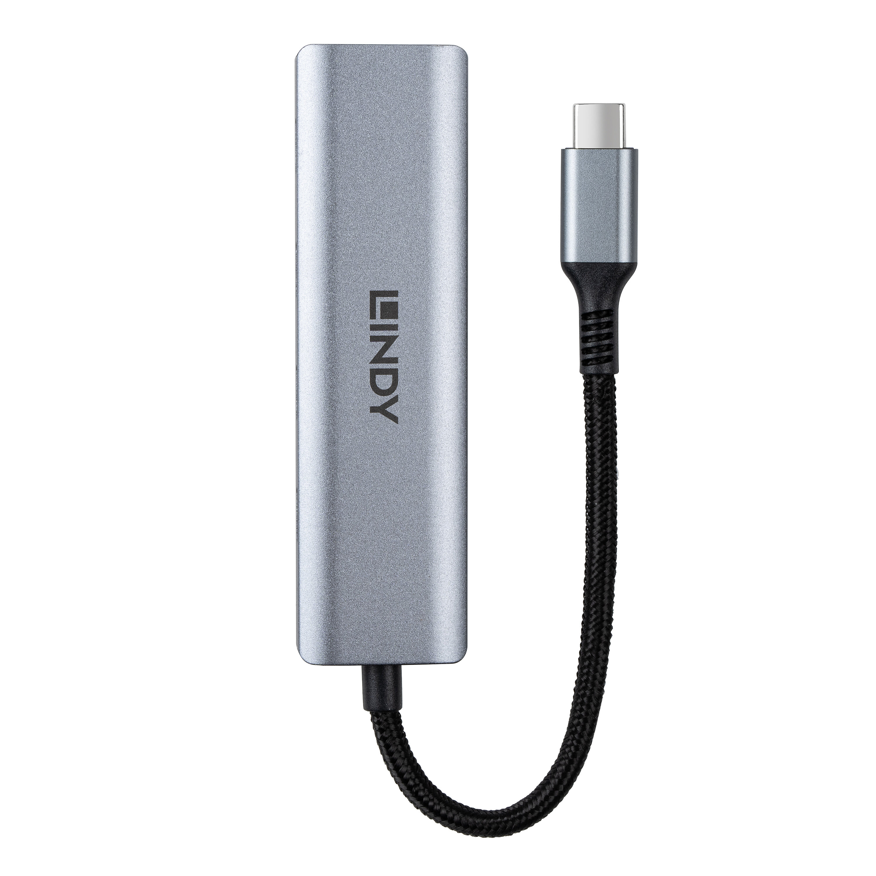 Ein silberner LINDY USB-C-Adapter mit schwarzem Kabel. Der Adapter befindet sich auf weißem Hintergrund.