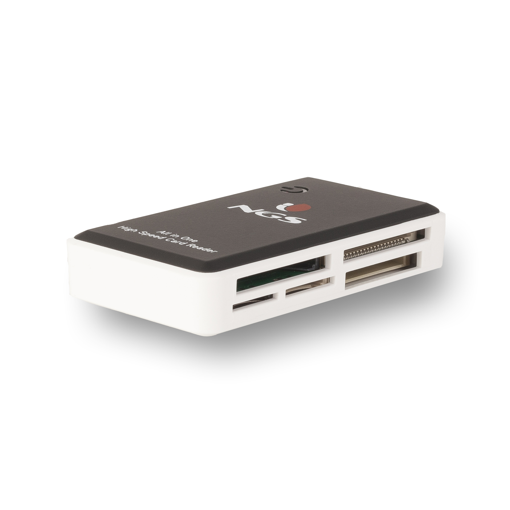 Un lector de tarjetas blanco y negro, con el logo 'NGS' en la parte superior. Tiene varias ranuras para tarjetas en el frente, sobre fondo blanco.