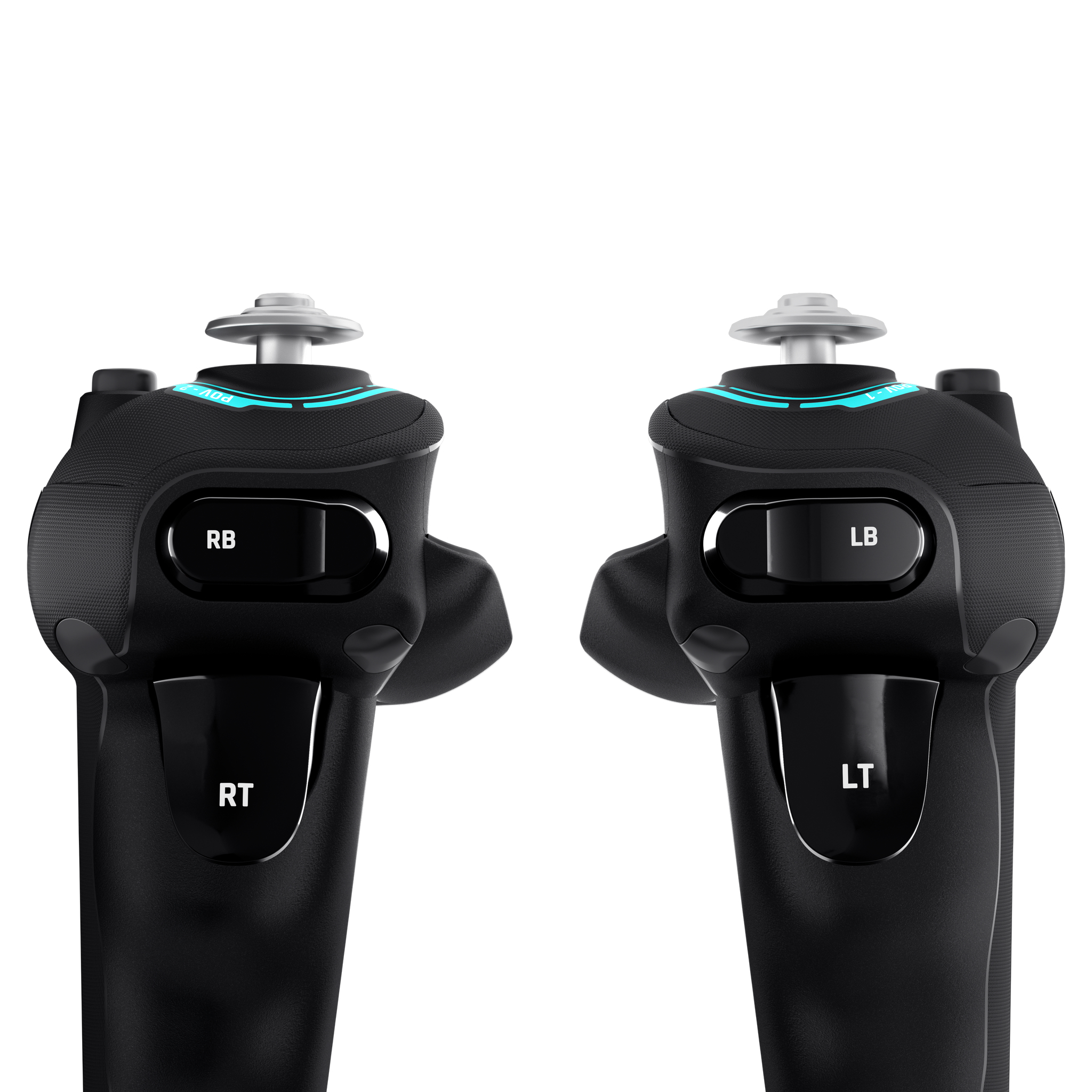 Dwa czarne kontrolery do gier z przyciskami RB, RT, LB i LT oraz srebrną górą.