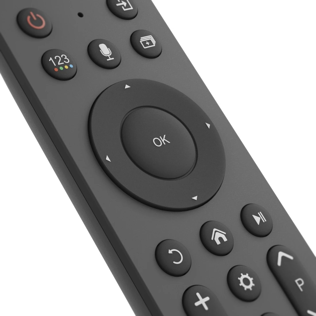 Zbliżenie ciemnoszarego pilota. Posiada wiele przycisków z ikonami i tekstem. Centralny przycisk mówi 'OK'.