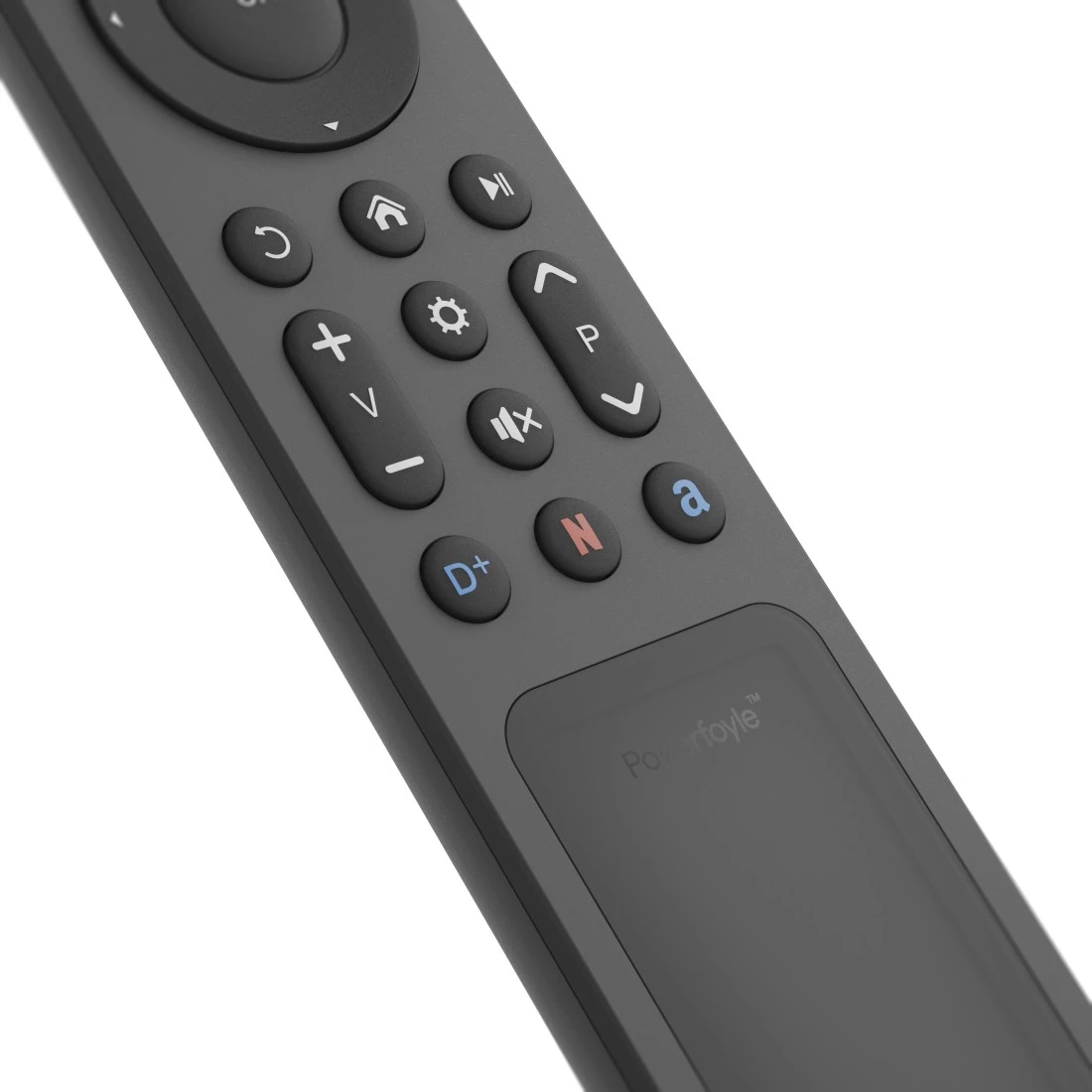 Szary pilot z wieloma przyciskami, w tym okrąg nawigacyjny, głośność, home i kontrolki odtwarzania.