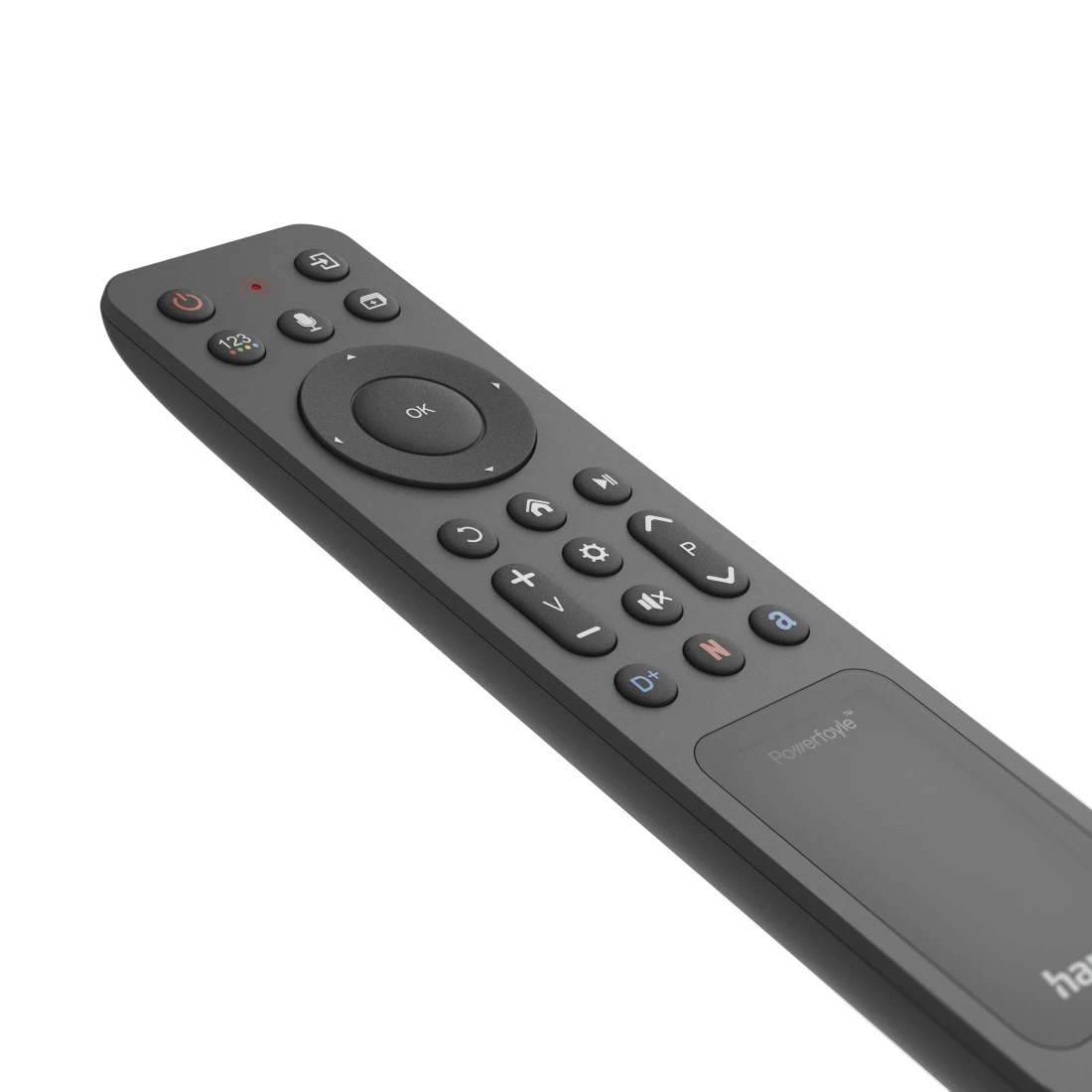 Szary pilot z przyciskami 'OK', regulacją głośności i panelem dotykowym. Marka to 'Powerfoyle'.