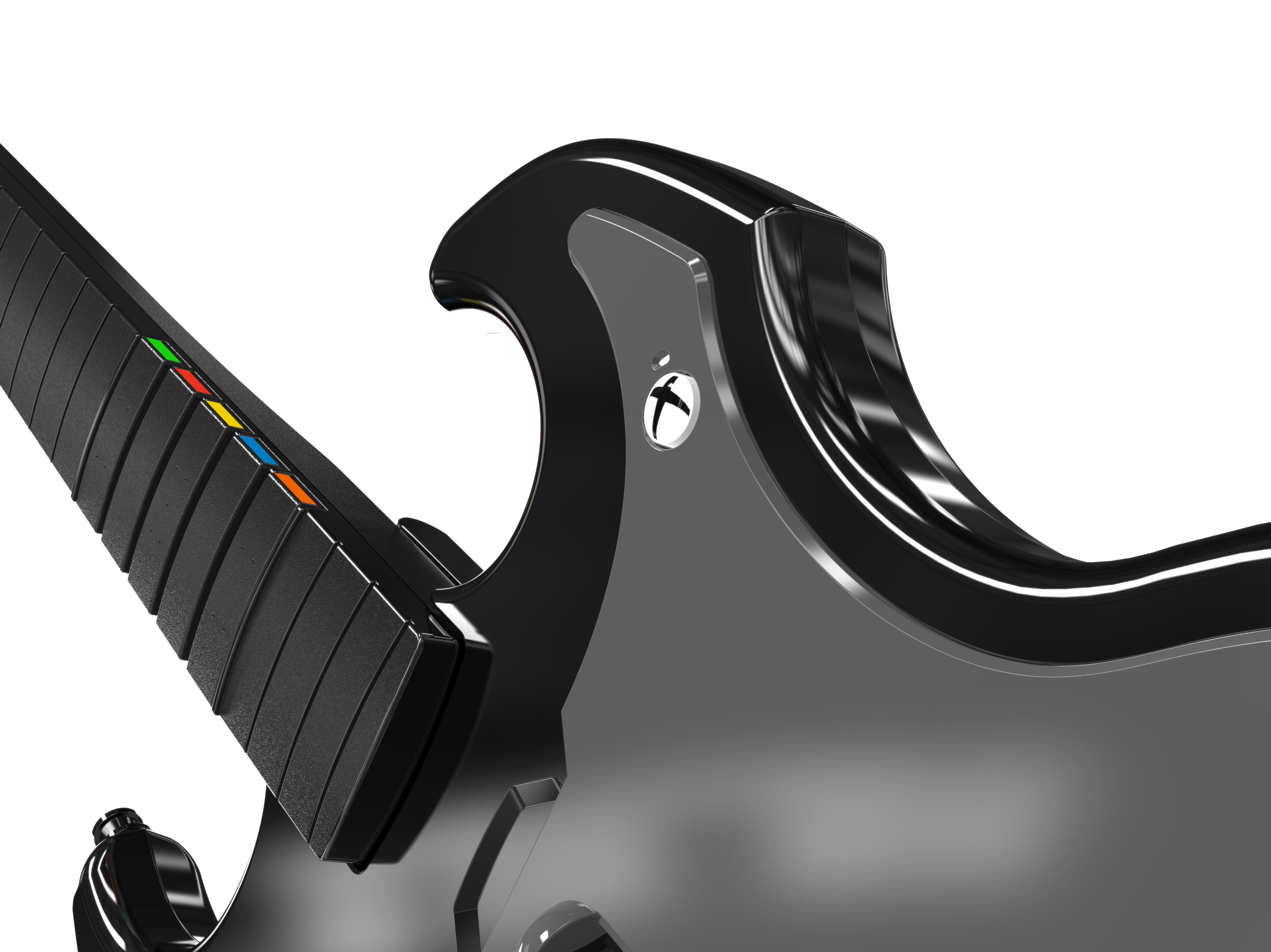 Nahaufnahme eines schwarzen Gitarren-Controllers. Es hat farbige Knöpfe und ein Xbox-Logo. Der Hintergrund ist weiß.