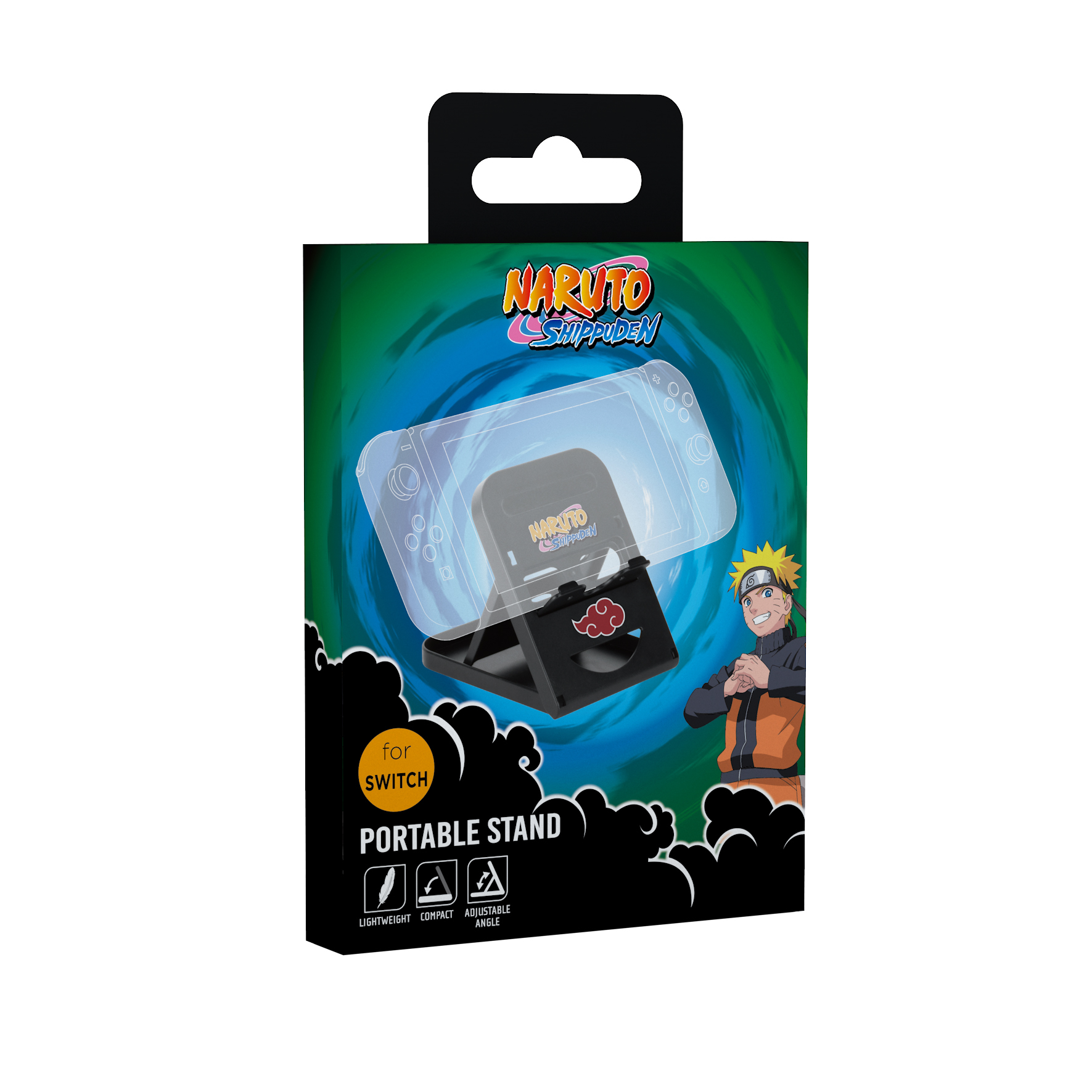Pudełko na stojak Switch. Zawiera postać Naruto i logo. Stojak wewnątrz, zarys Switch. Pudełko jest czarne, zielone i niebieskie.