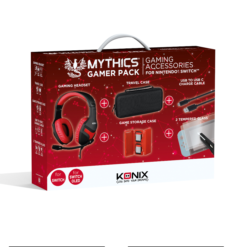 Scatola di accessori per Nintendo Switch. Include cuffie, custodia, custodia per giochi, vetro temperato e cavi. Colori rosso e nero.