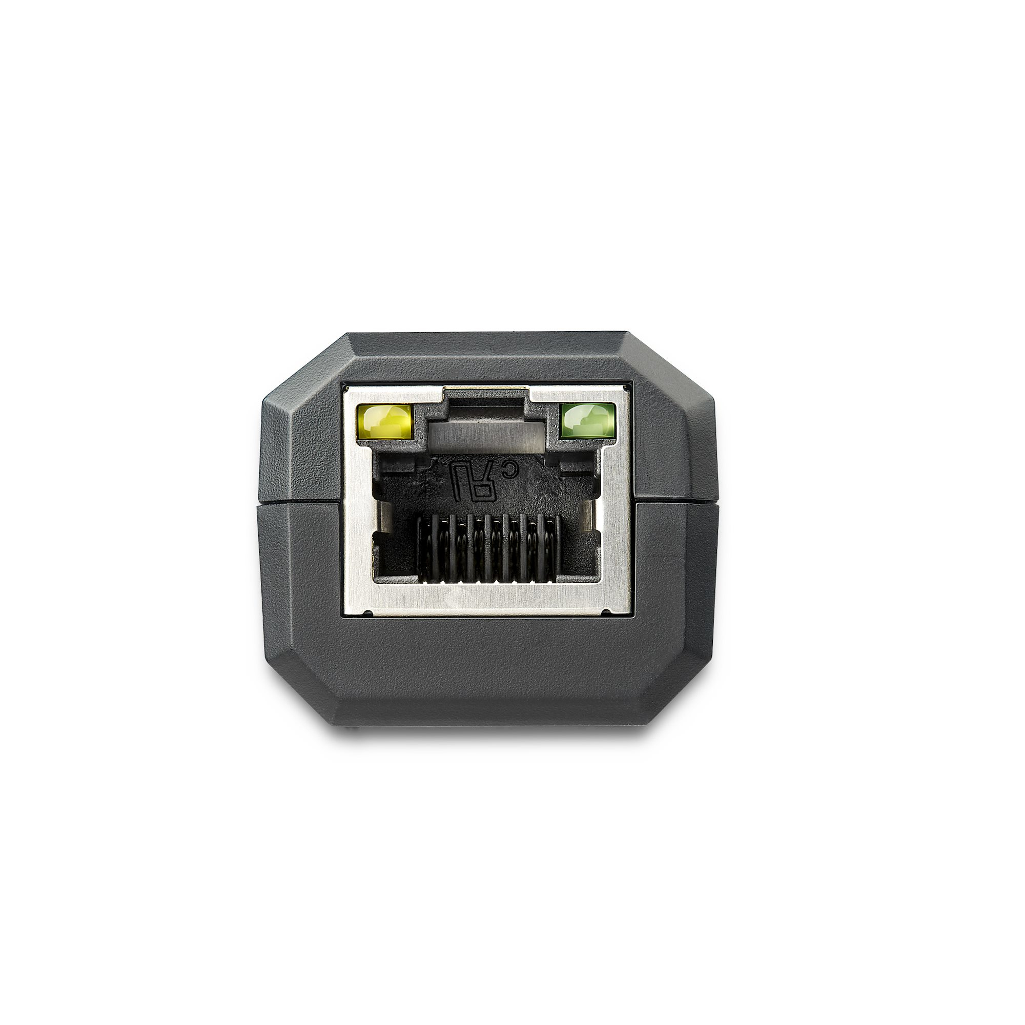 Primer plano de un conector de red gris oscuro, con un puerto RJ45 y luces indicadoras sobre un fondo blanco.