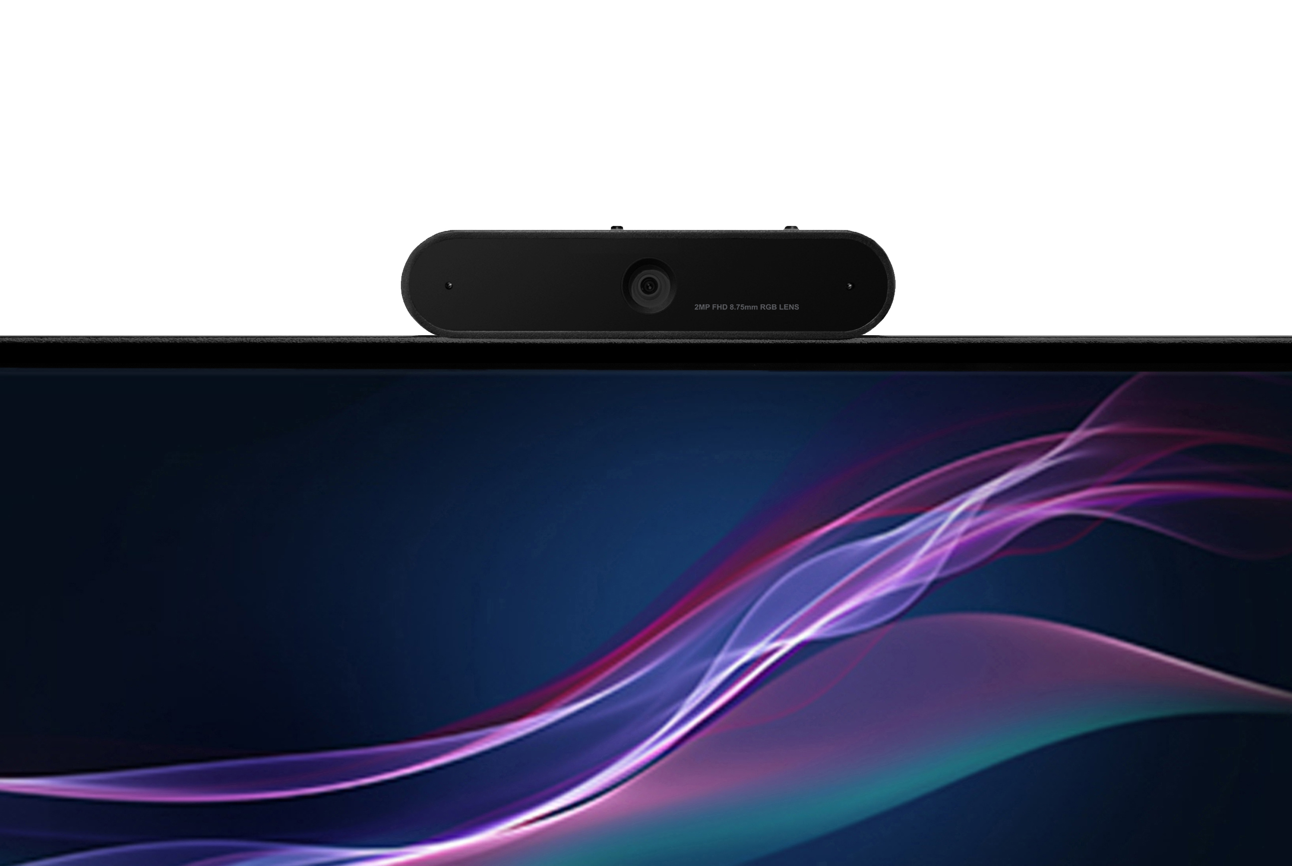 Eine schwarze Webcam sitzt auf einem Bildschirm, der ein lila und blaues Design zeigt. Die Webcam hat ein Objektiv.