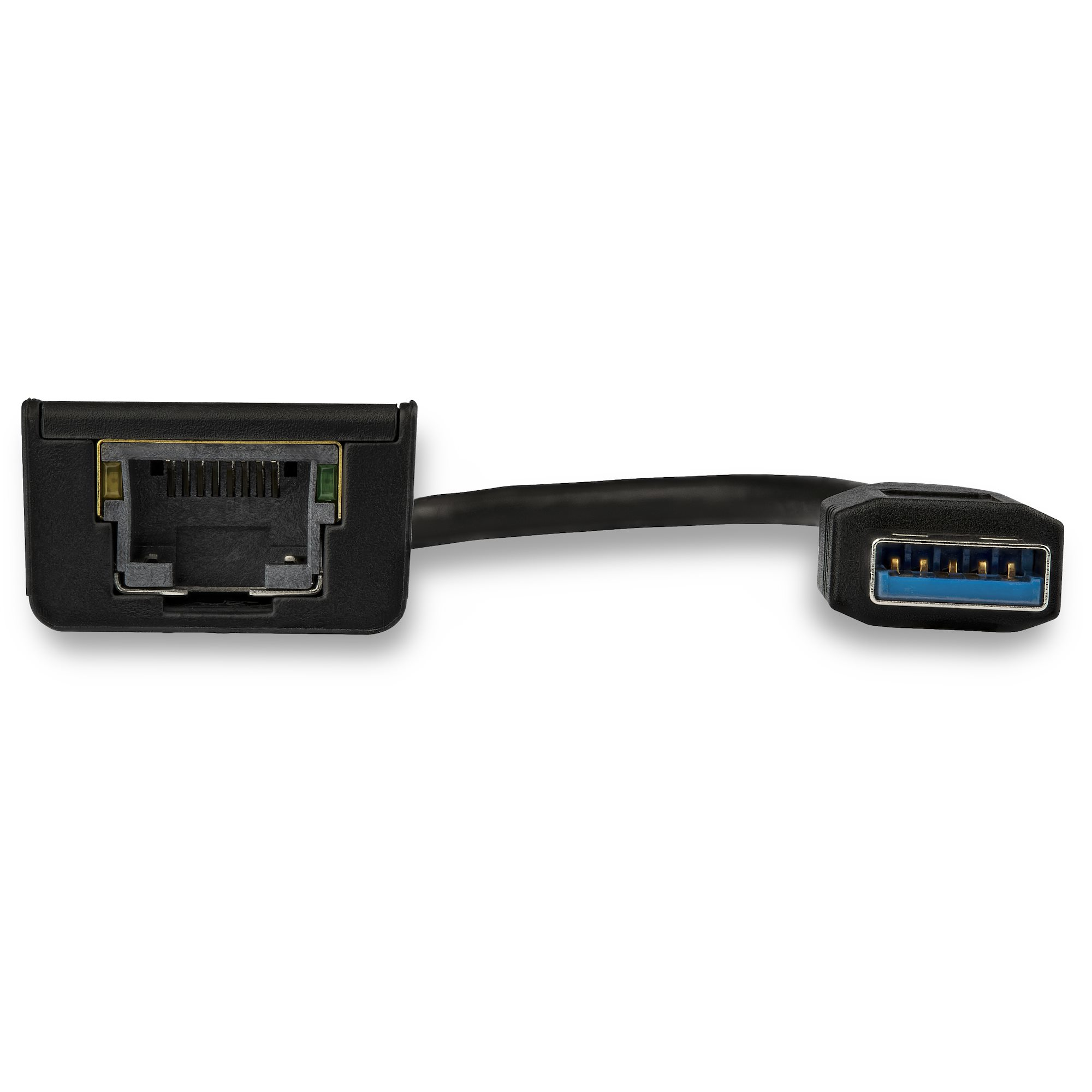 Adaptador negro con puertos RJ45 y USB conectados por un cable negro, sobre fondo blanco.