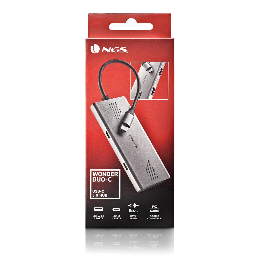 Ein silberner NGS Wonder Duo-C USB 3.0 Hub wird auf seiner rot-schwarzen Verpackung gezeigt. Der Hub hat mehrere Anschlüsse und ein Verbindungskabel.