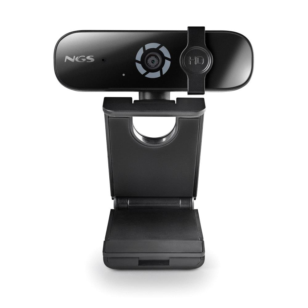 Una webcam nera con il nome 'NGS'. Ha un obiettivo, un'etichetta HD e un supporto pieghevole.