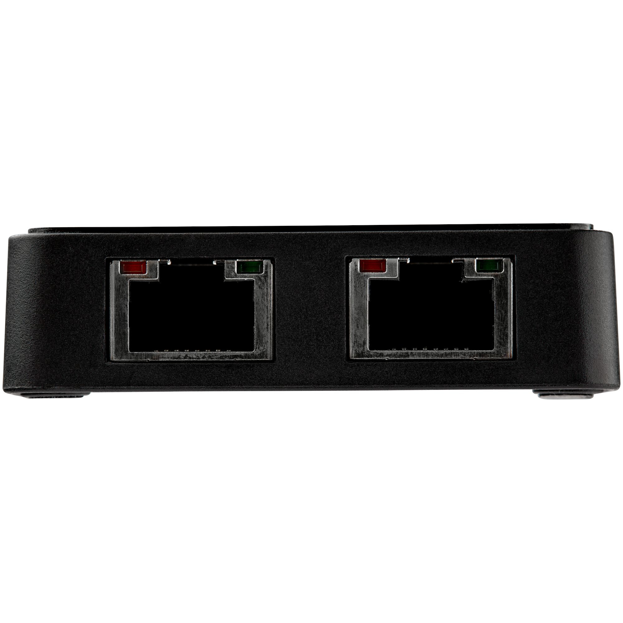 Dispositivo de red negro con dos puertos RJ45. Cada puerto tiene un indicador de luz roja y verde.