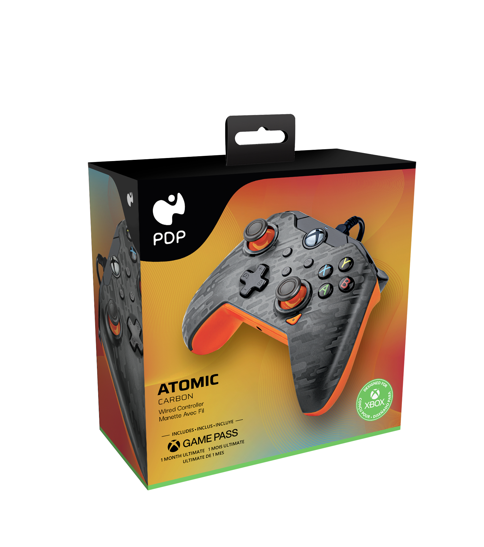 Una caja con un mando de Xbox. El mando es gris y naranja. La caja dice 'Atomic Carbon' y 'Game Pass'.