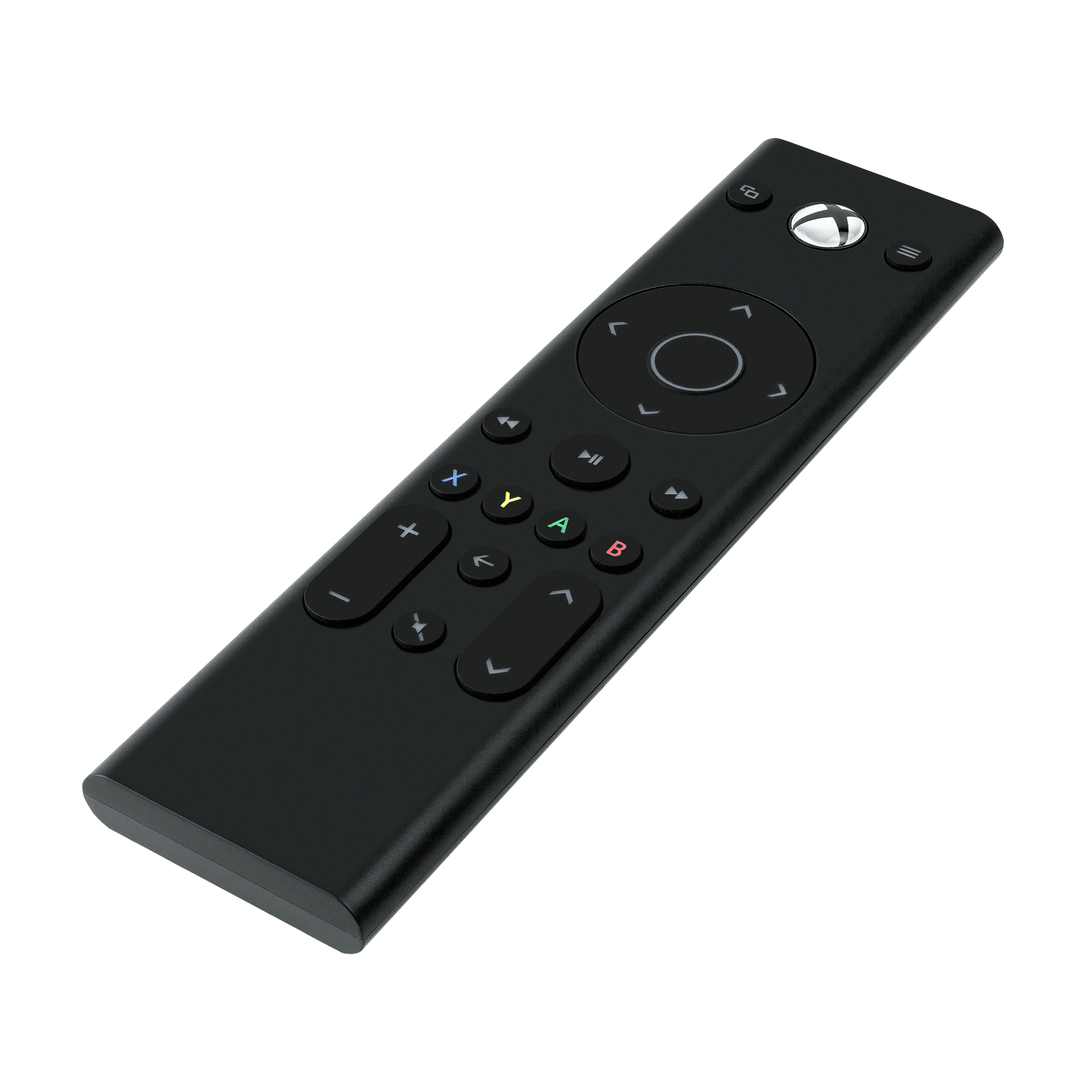 Mando a distancia multimedia negro de Xbox. Con botones de encendido, volumen y navegación sobre fondo blanco.