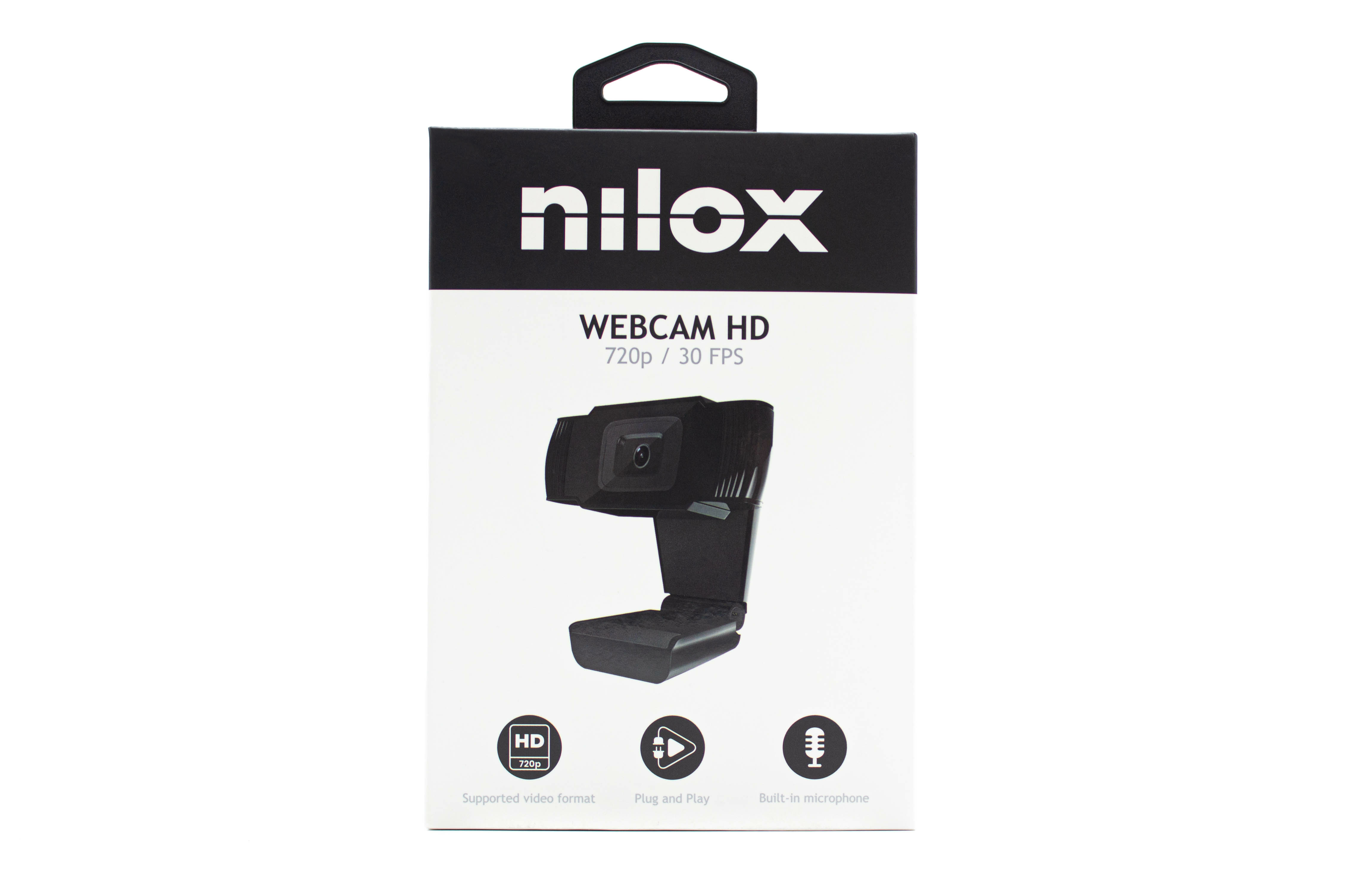 Una caja de webcam con una imagen de webcam. El texto incluye 'nilox', 'WEBCAM HD' y especificaciones.