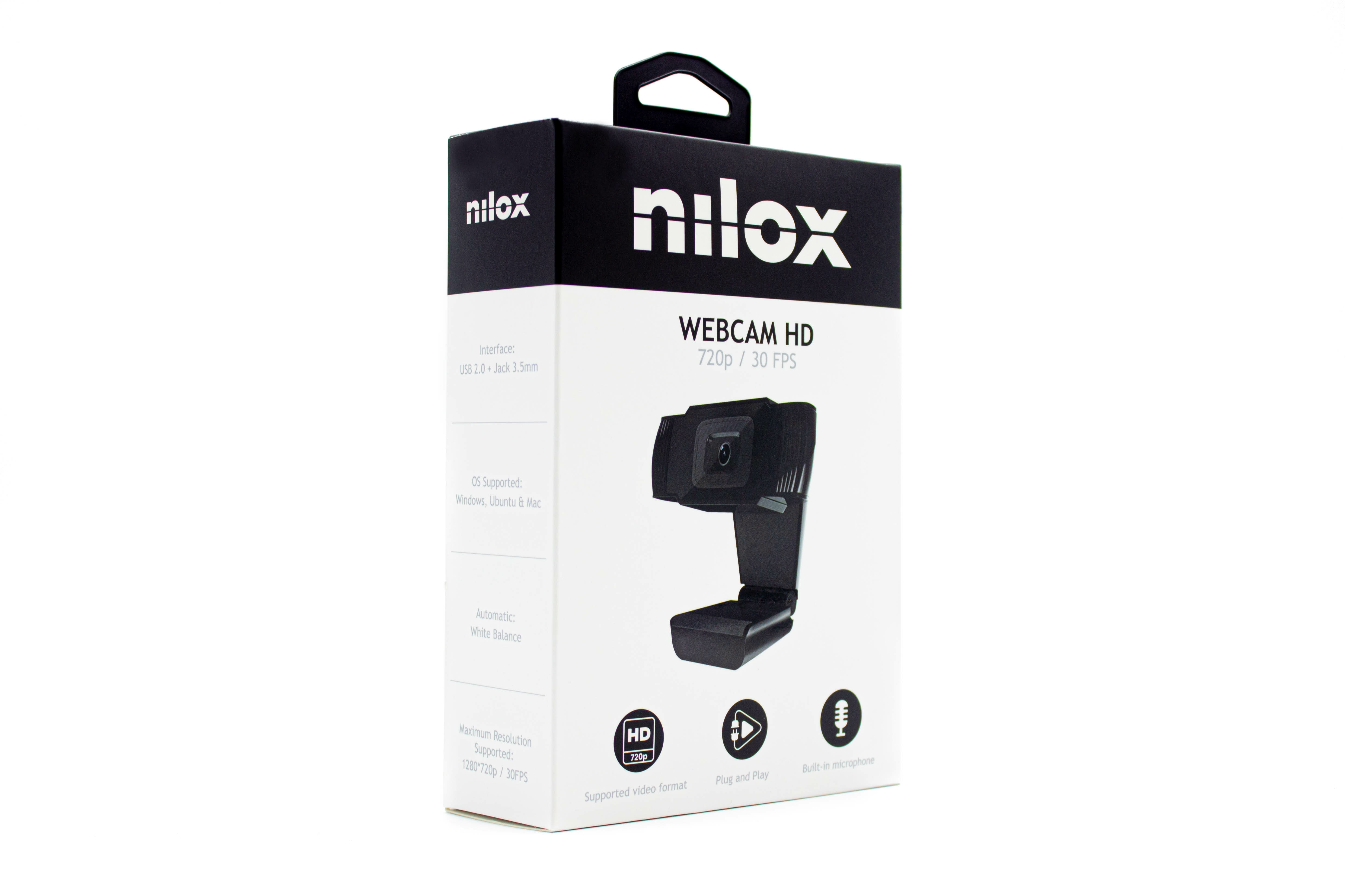 Una caja de webcam Nilox. La caja es blanca y negra, con la webcam en la parte delantera.