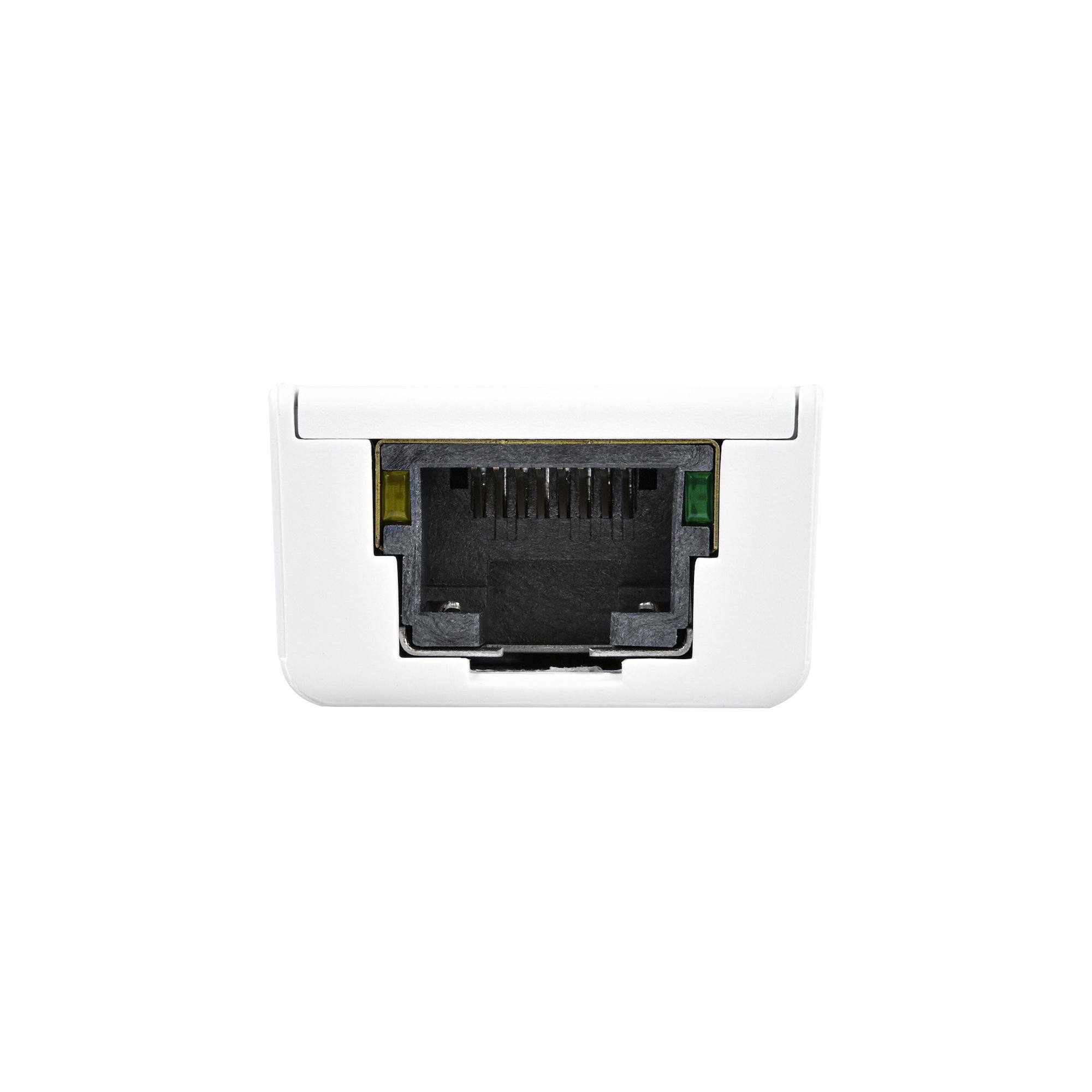 Primer plano de un conector RJ45 blanco. Tiene una parte interior negra. Se ven luces verdes y amarillas.