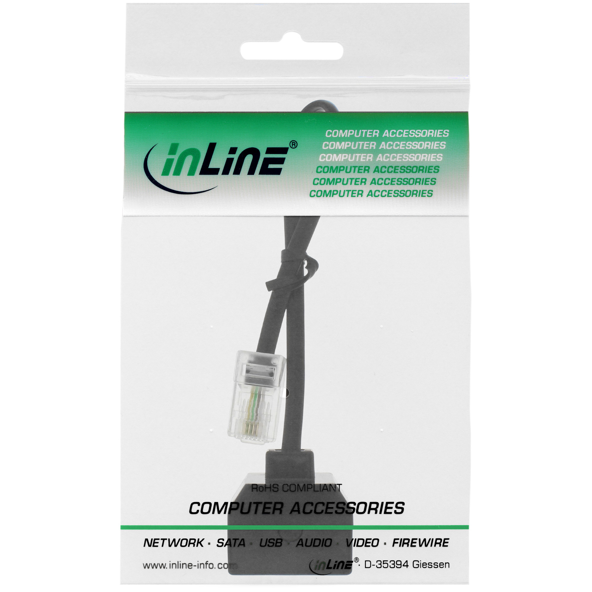 Paket mit einem inLine-Kabel. Das Paket hat grüne und weiße Farben. Das Kabel hat einen transparenten Stecker.