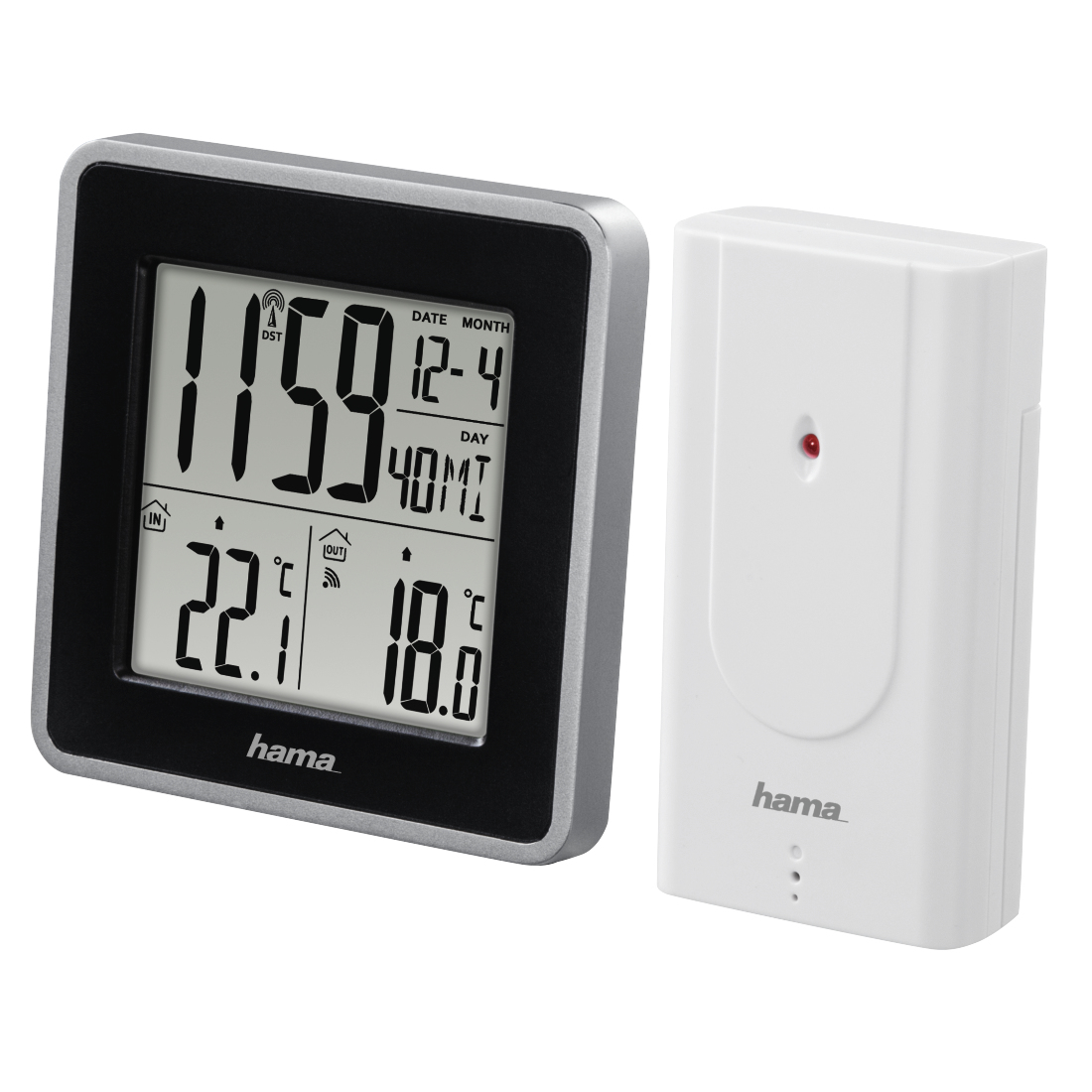 Een digitale thermometer met een zwart en zilver display dat tijd, datum en temperatuur weergeeft, naast een witte sensoreenheid.