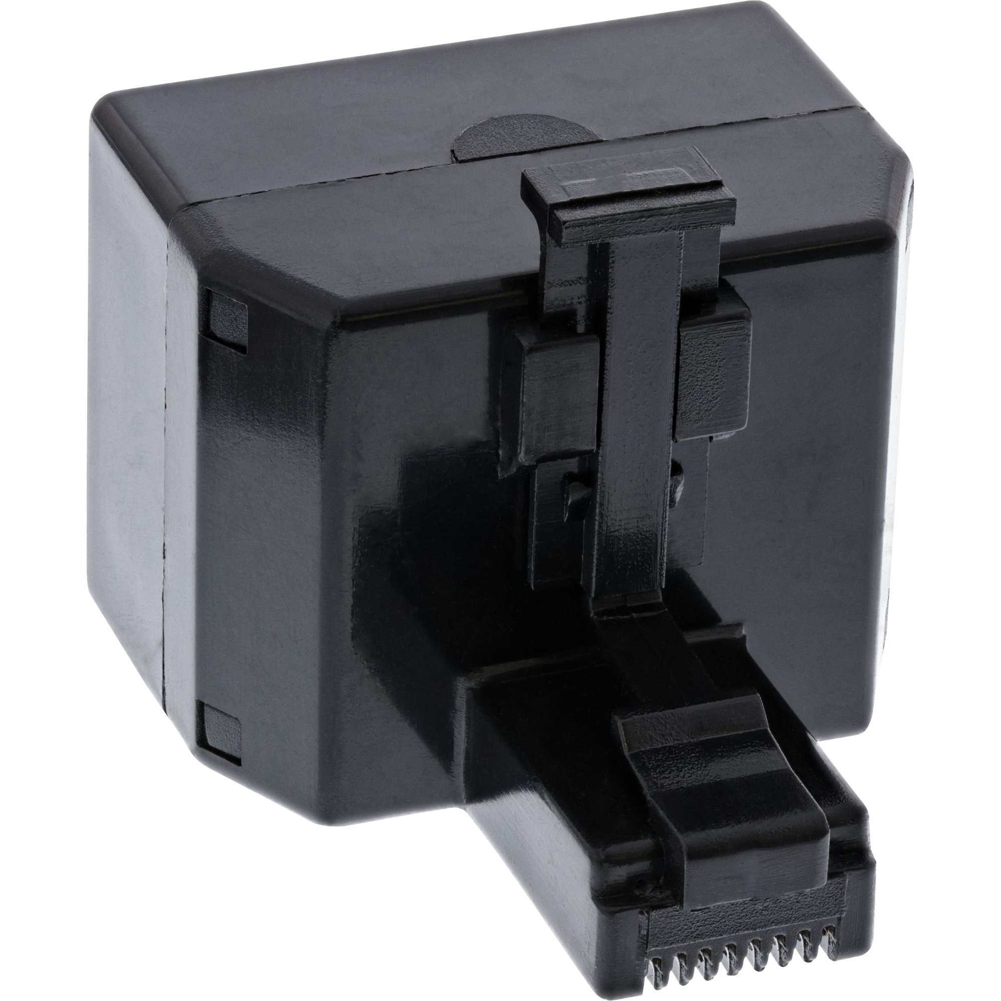 Ein schwarzes elektrisches Kunststoffbauteil mit rechteckigem Körper und einem Stecker mit Stiften.